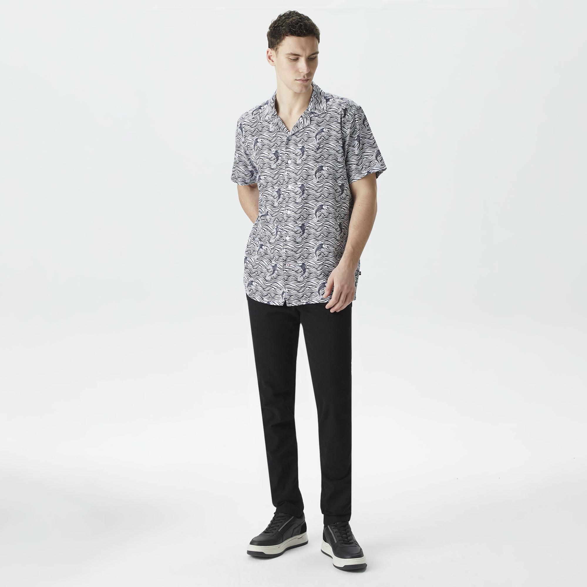 Nautica Erkek Beyaz Classic Fit Kısa Kollu Desenli Keten Gömlek