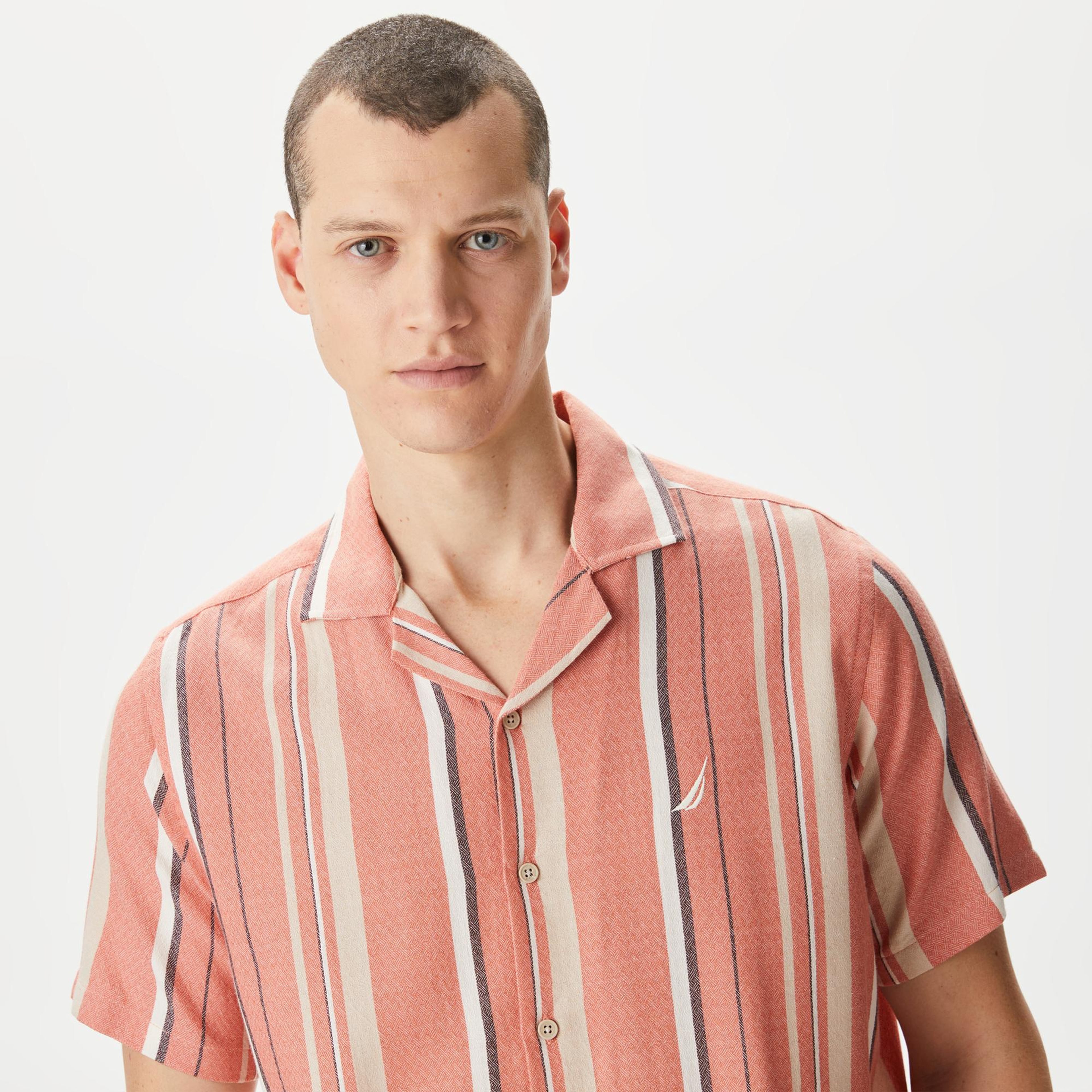 Nautica Erkek Turuncu Classic Fit Kısa Kollu Çizgili Gömlek
