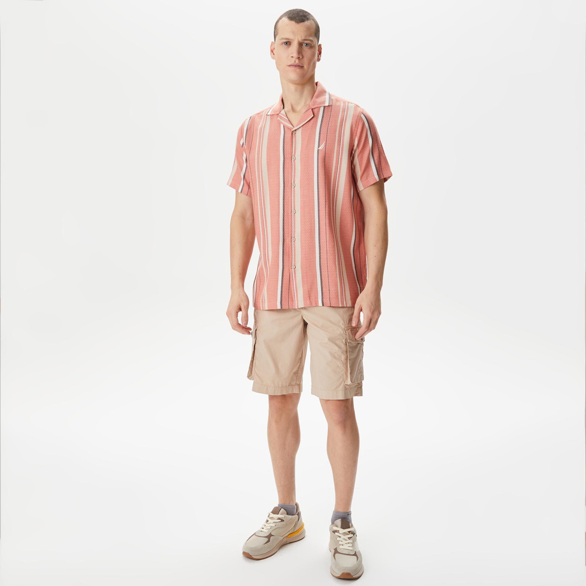 Nautica Erkek Turuncu Classic Fit Kısa Kollu Çizgili Gömlek
