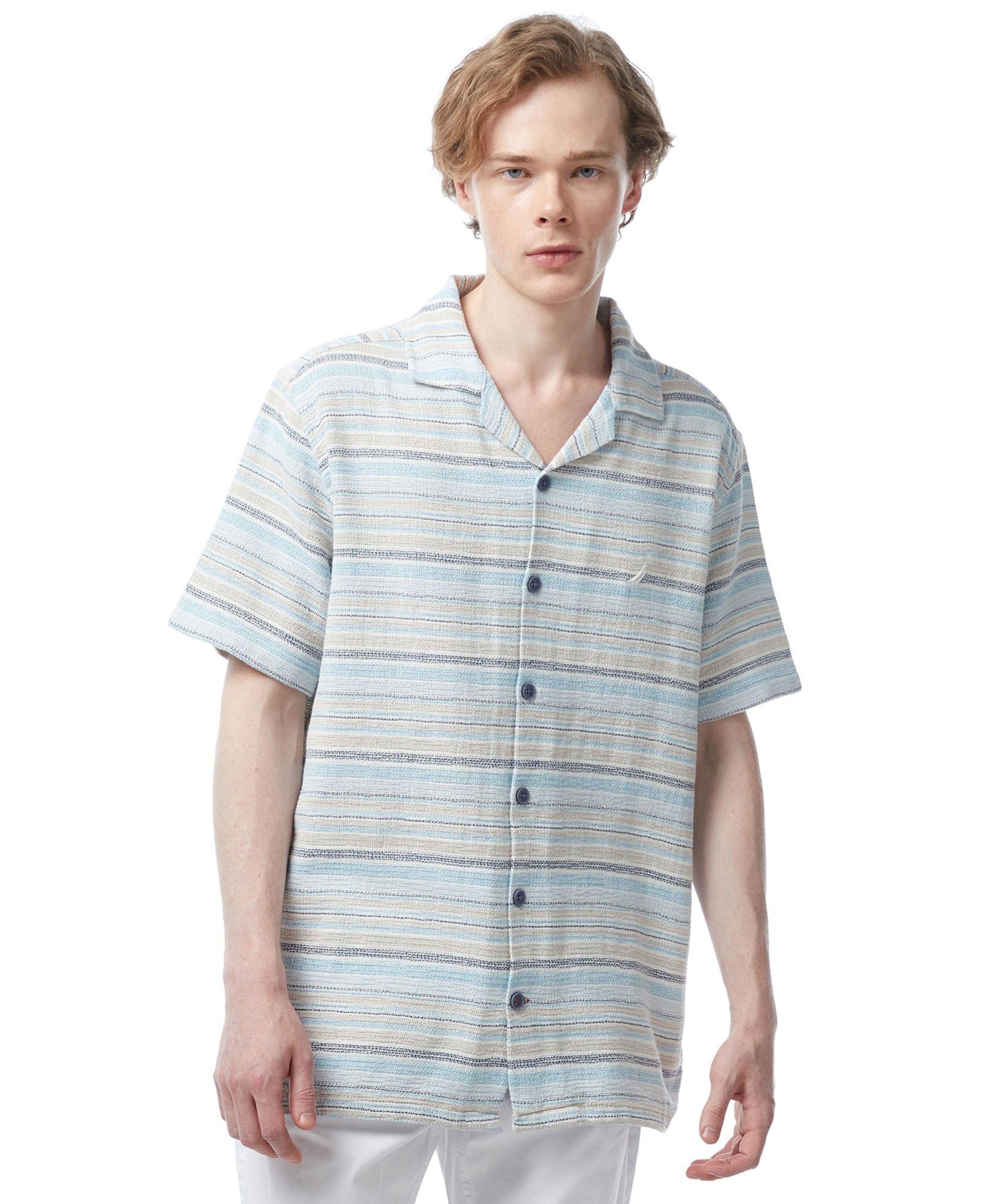 Nautica Erkek Mavi Classic Fit Kısa Kollu Çizgili Gömlek