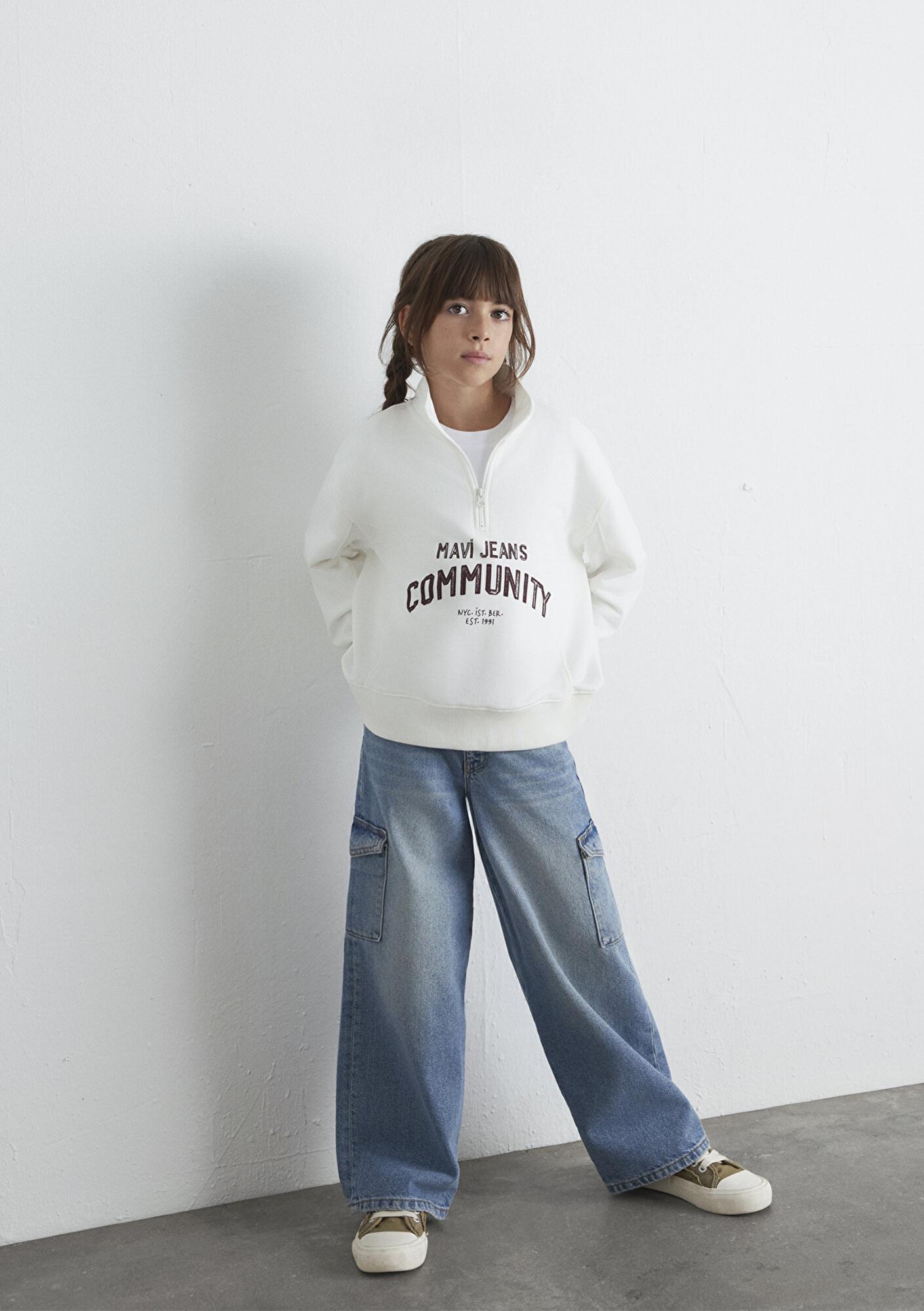 Mavi Baskılı Yarı Fermuarlı Ekru Sweatshirt 7S10130-70057