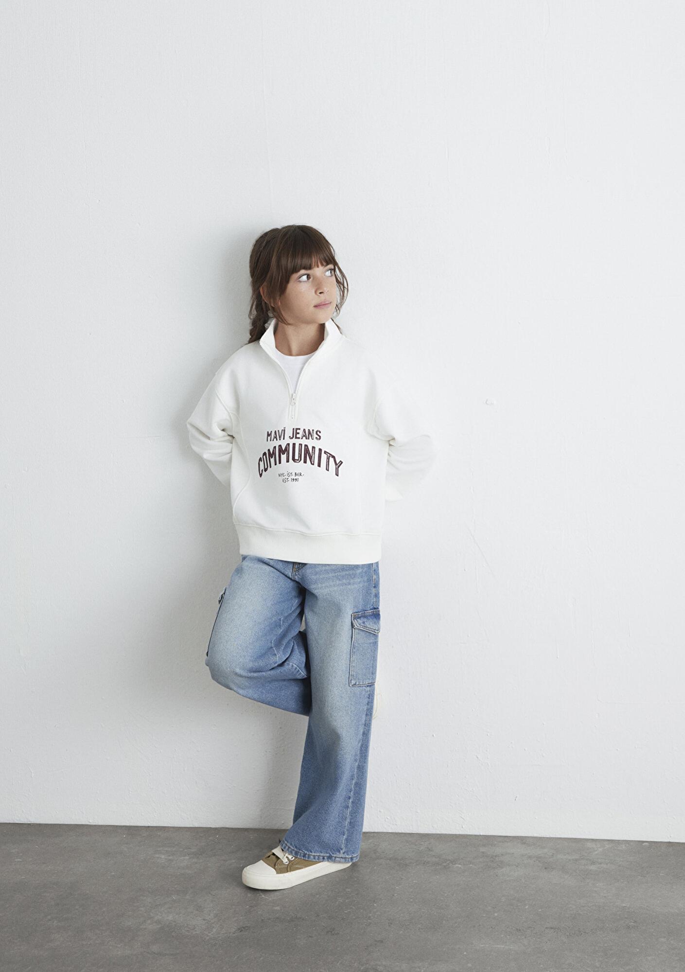 Mavi Baskılı Yarı Fermuarlı Ekru Sweatshirt 7S10130-70057