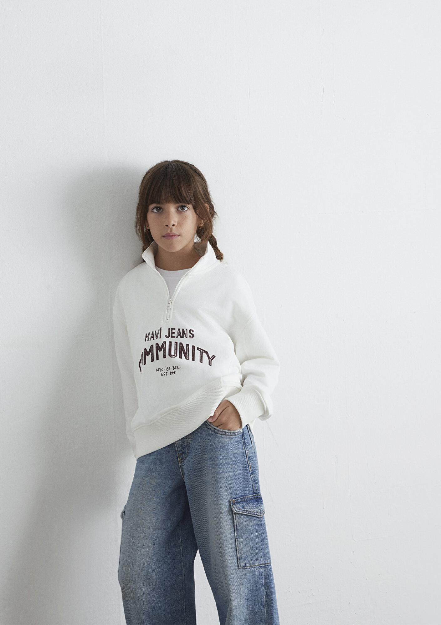 Mavi Baskılı Yarı Fermuarlı Ekru Sweatshirt 7S10130-70057