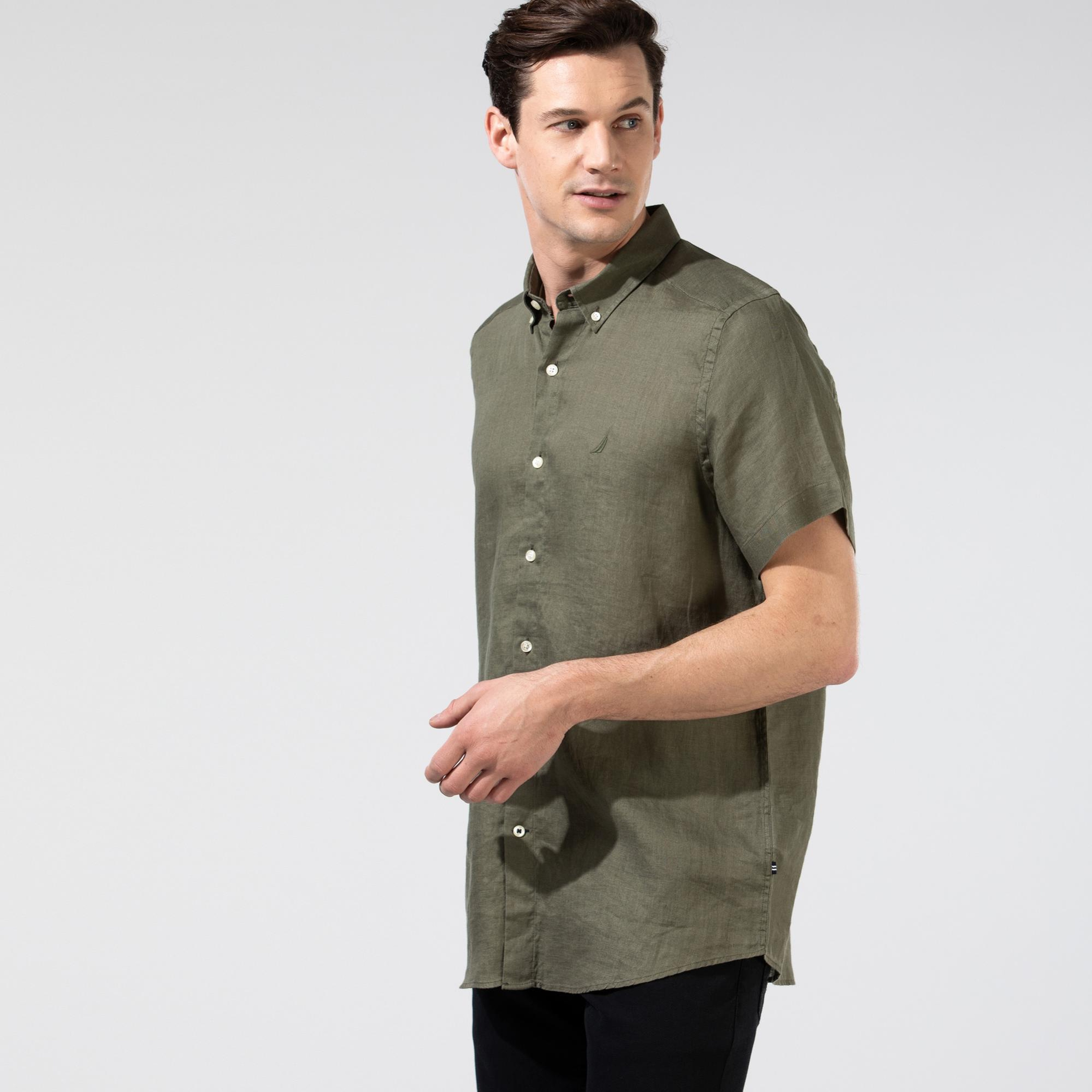 Nautica Erkek Yeşil Classic Fit Kısa Kollu Keten Gömlek