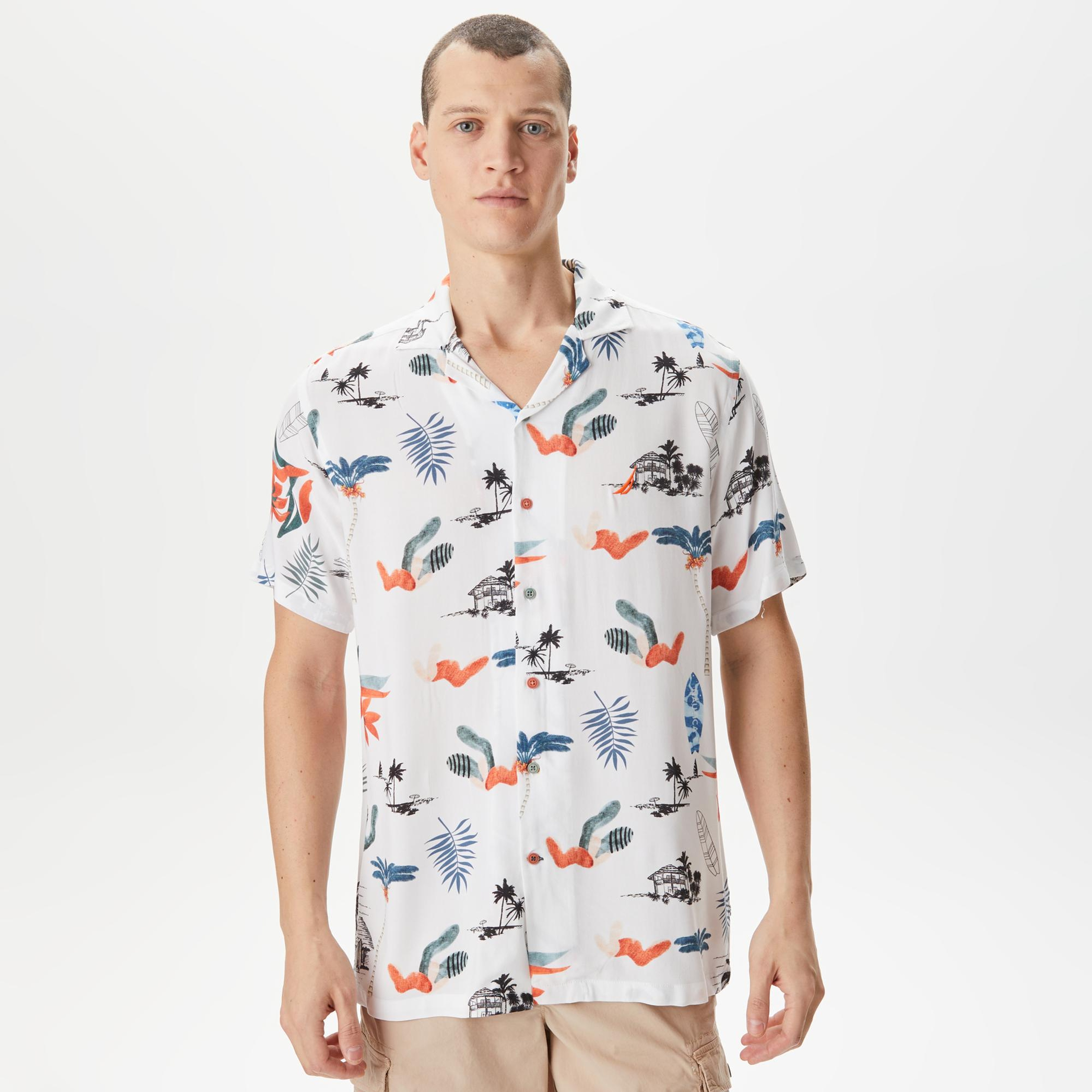 Nautica Erkek Beyaz Classic Fit Kısa Kollu Desenli Gömlek