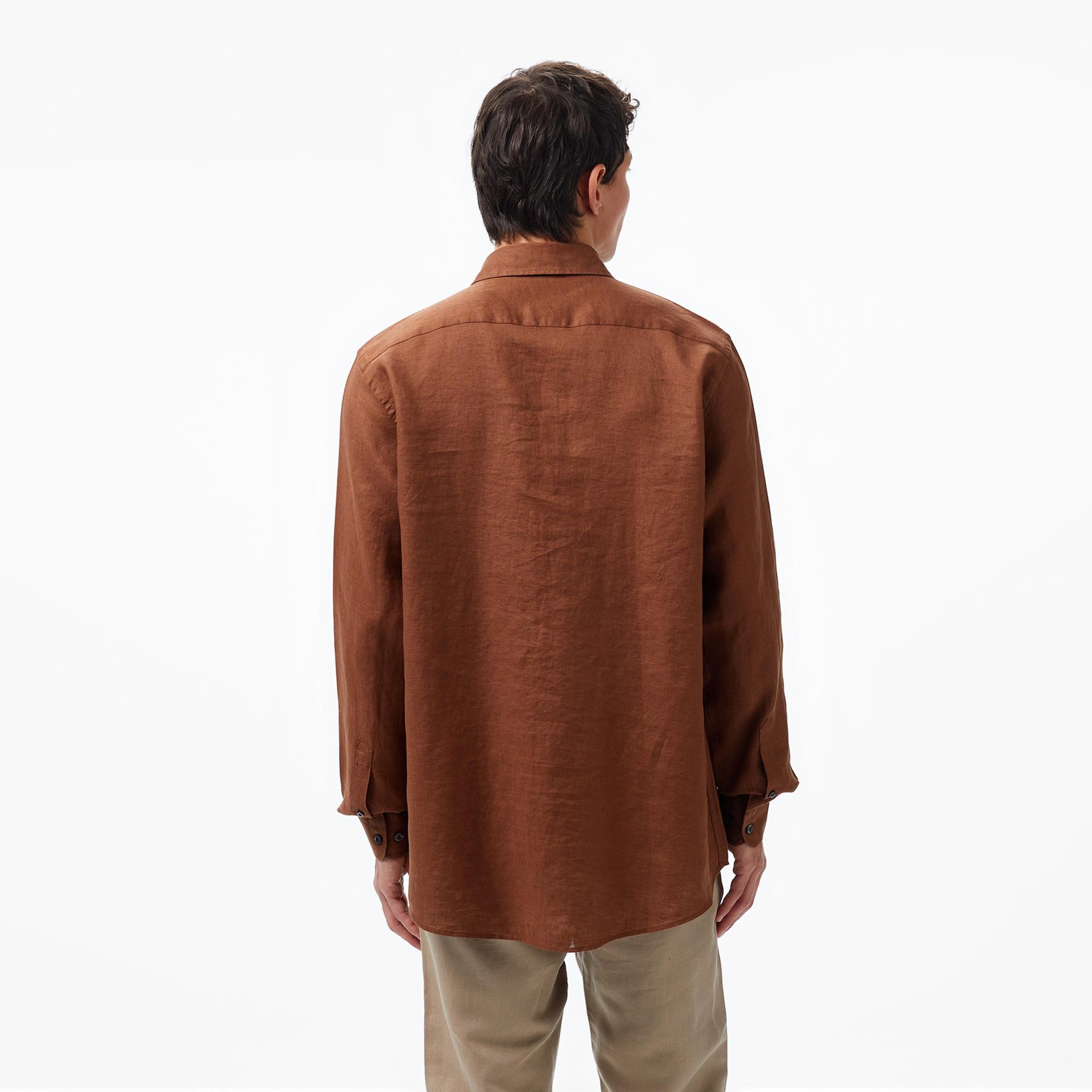 Nautica Erkek Kahverengi Classic Fit Uzun Kollu Keten Gömlek