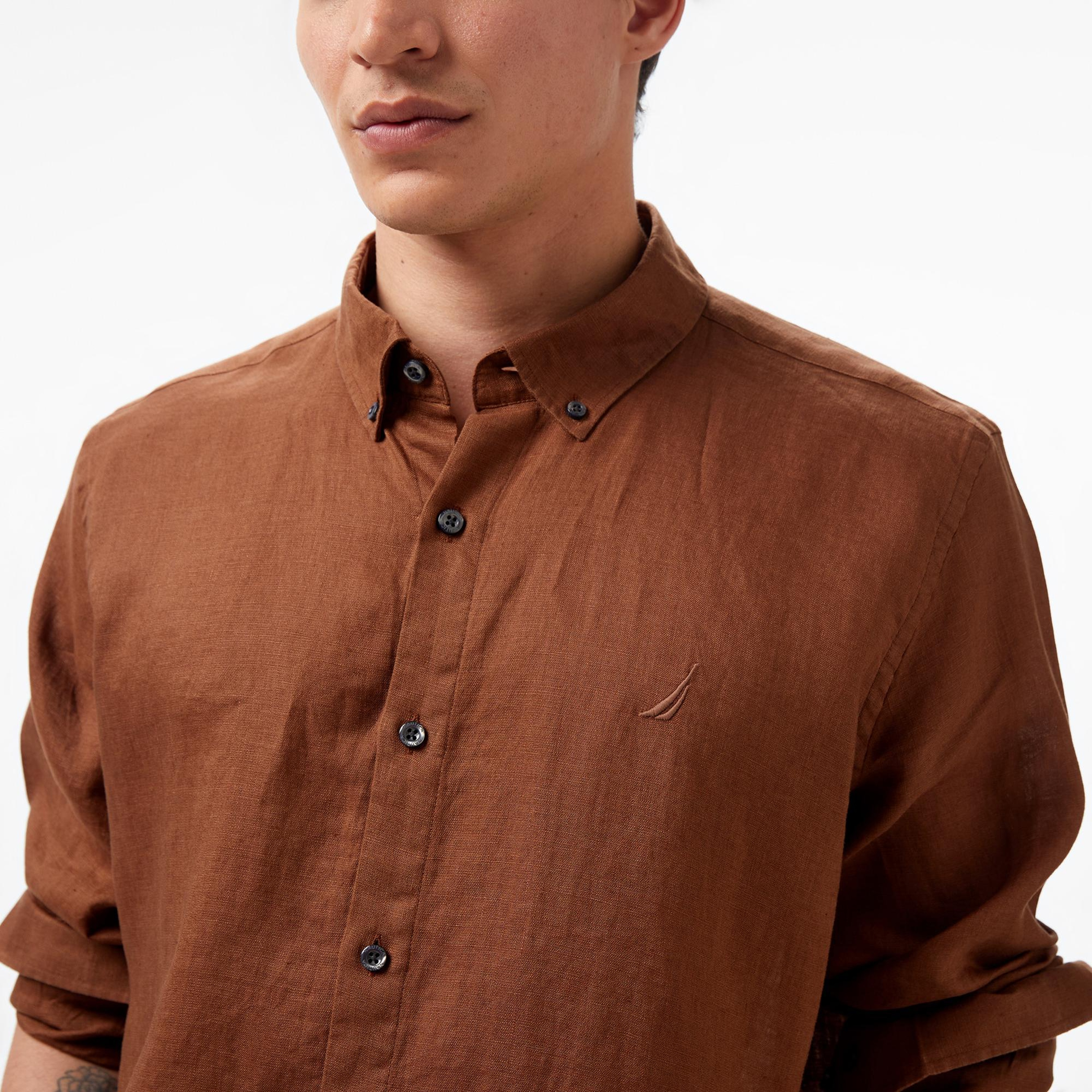 Nautica Erkek Kahverengi Classic Fit Uzun Kollu Keten Gömlek