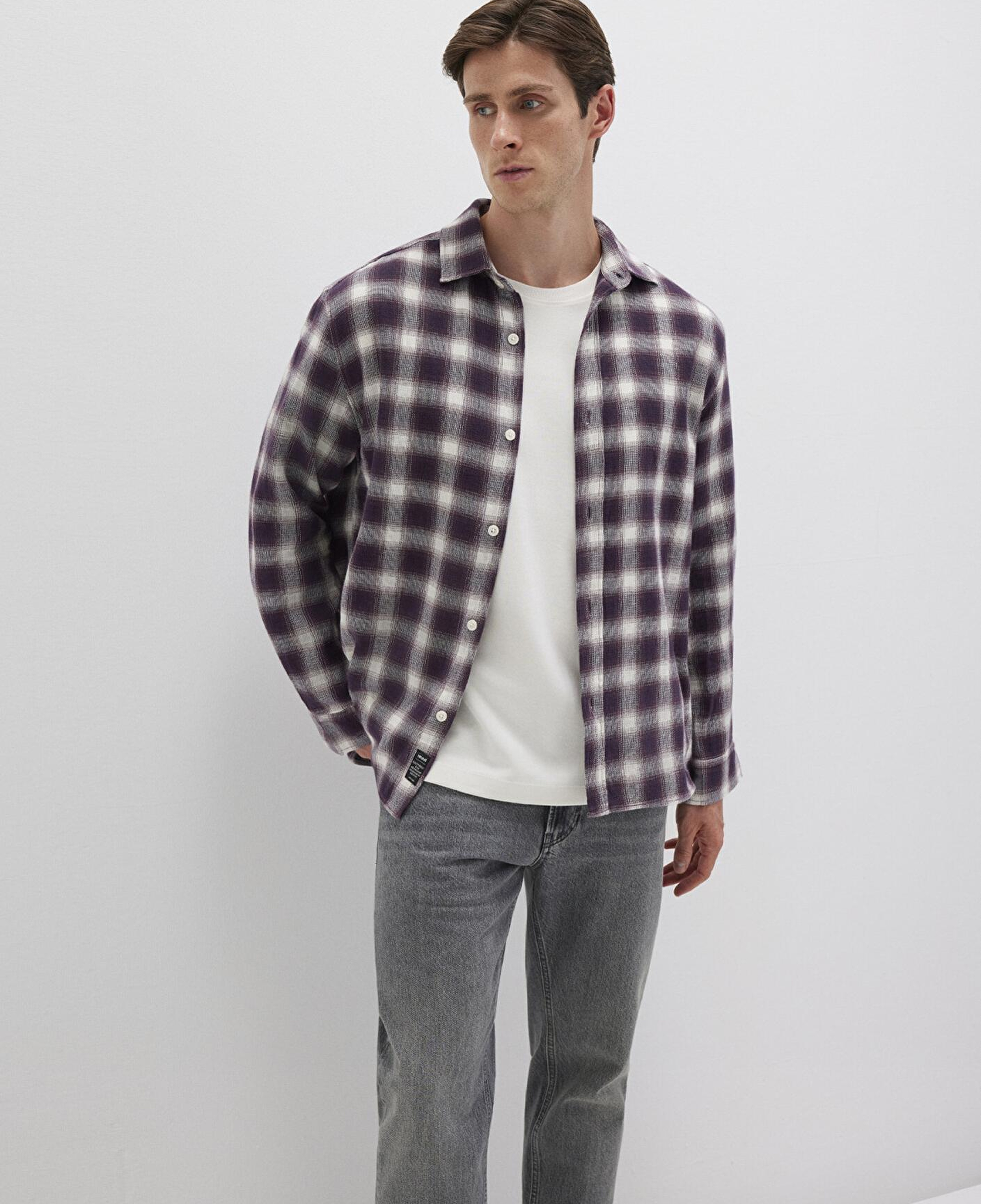 Mavi Kareli Mor Gömlek Loose Fit / Bol Rahat Kesim 0211646-90857