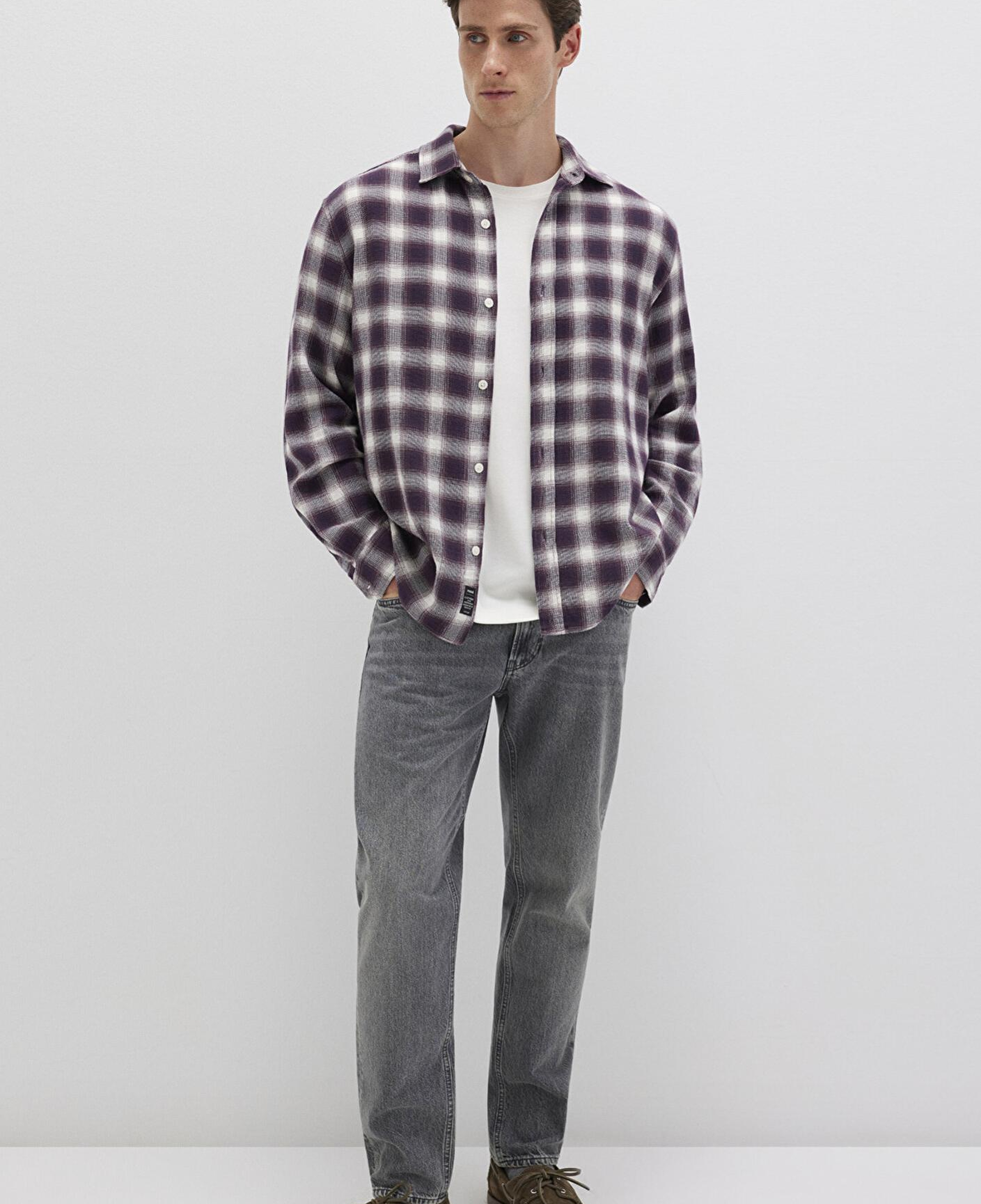 Mavi Kareli Mor Gömlek Loose Fit / Bol Rahat Kesim 0211646-90857