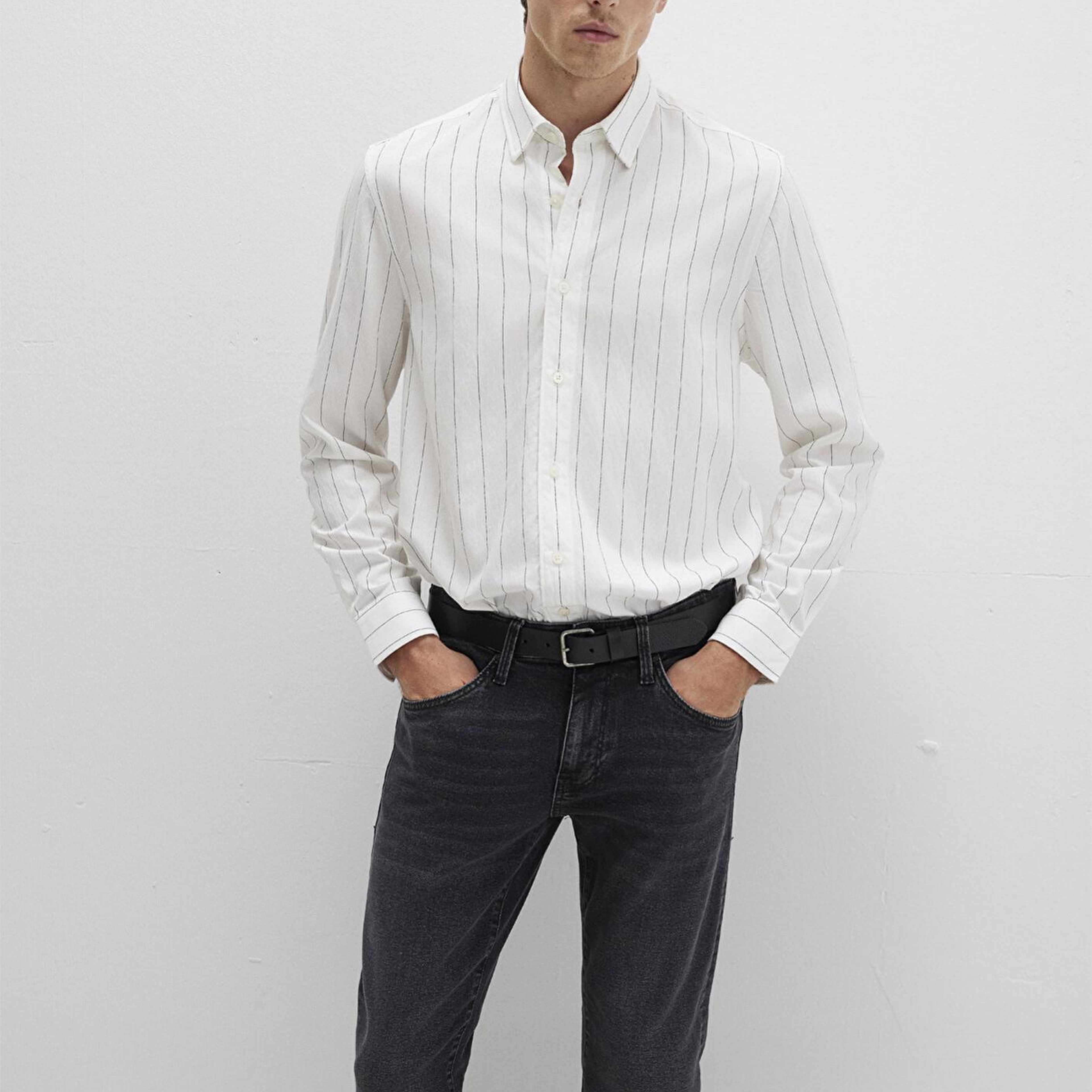 Mavi Çizgili Beyaz Gömlek Regular Fit / Normal Kesim 0211665-90898