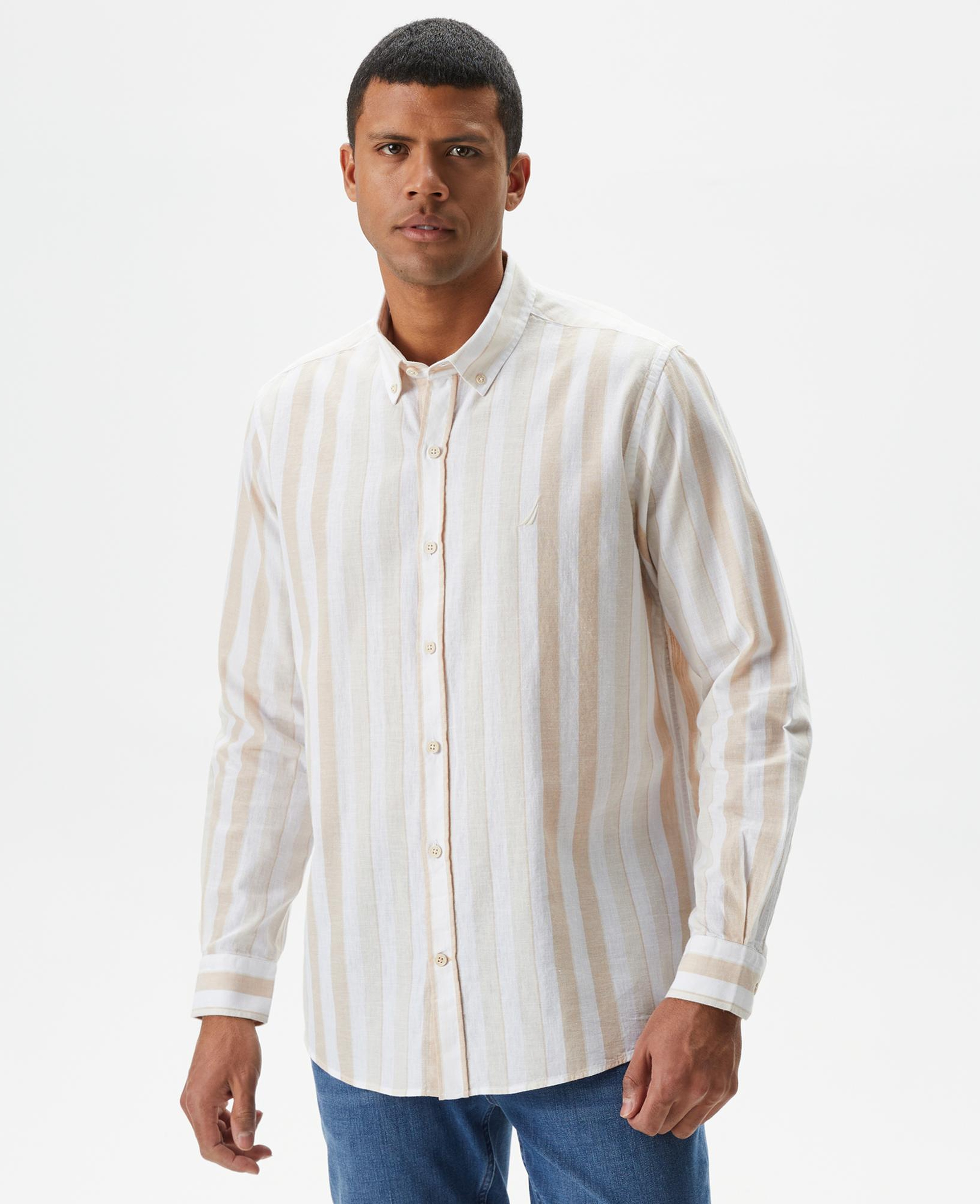 Nautica Erkek Kırık Beyaz Classic Fit Uzun Kollu Çizgili Keten Gömlek
