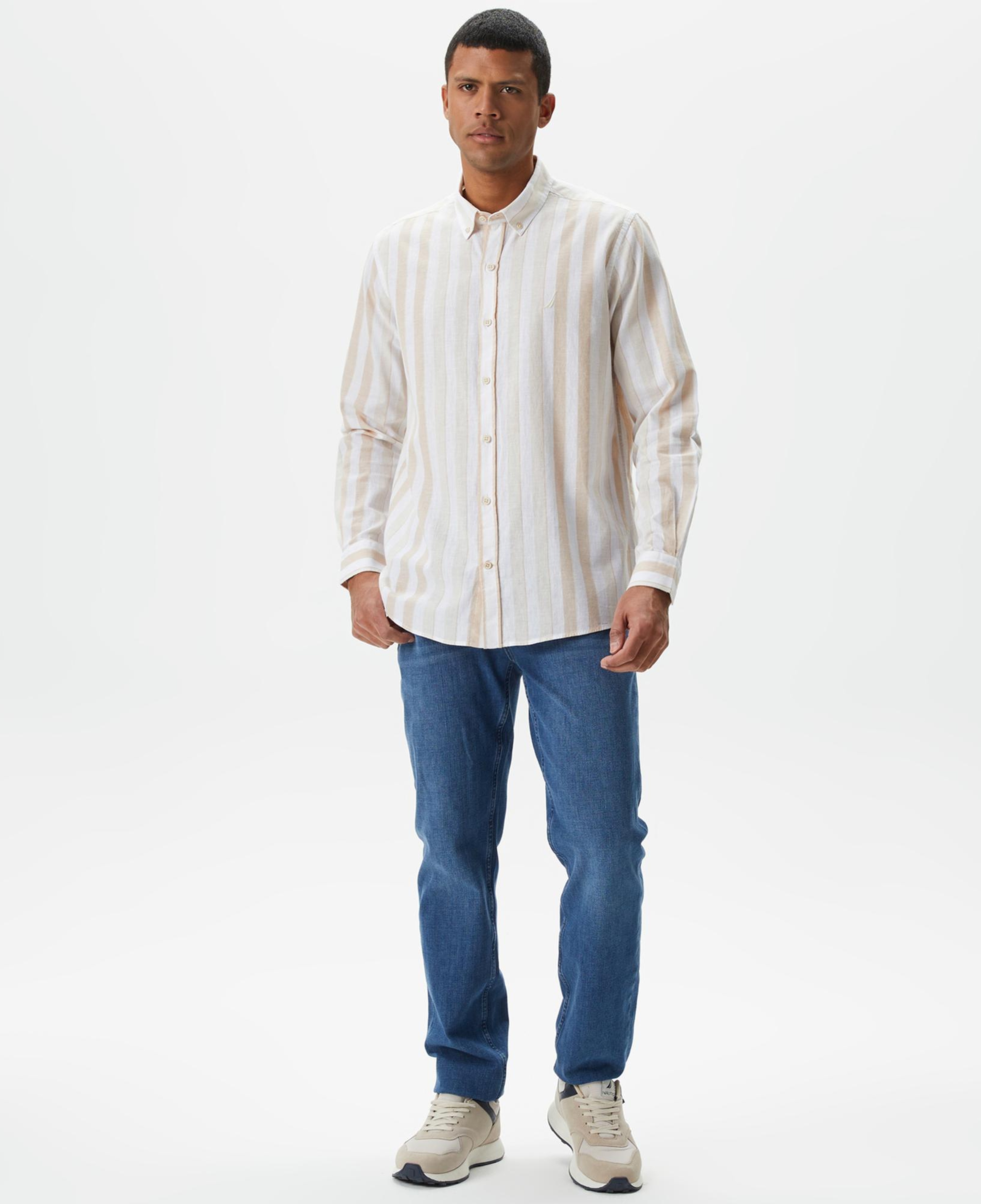 Nautica Erkek Kırık Beyaz Classic Fit Uzun Kollu Çizgili Keten Gömlek