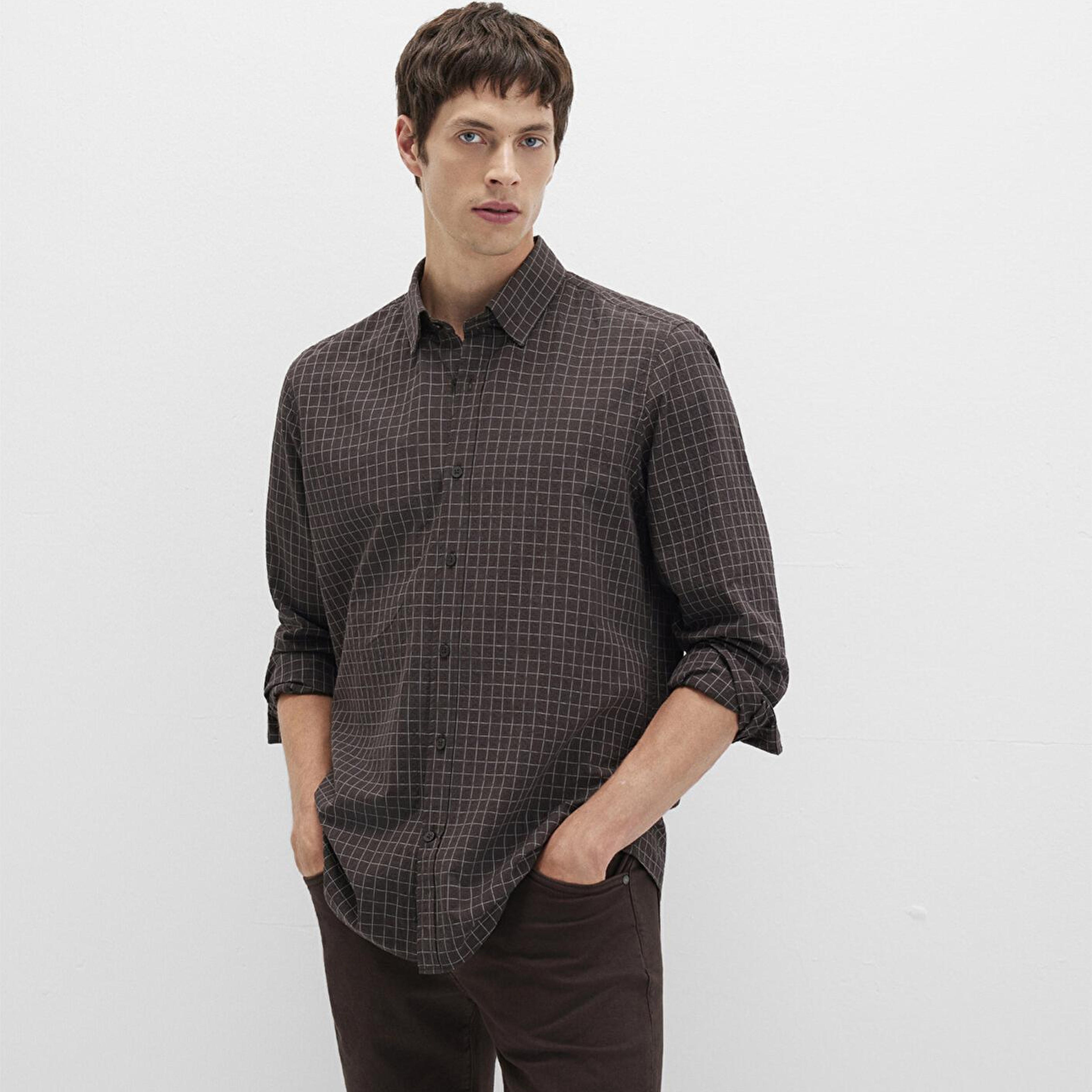 Mavi Kareli Kahverengi Gömlek Regular Fit / Normal Kesim 0211675-91012