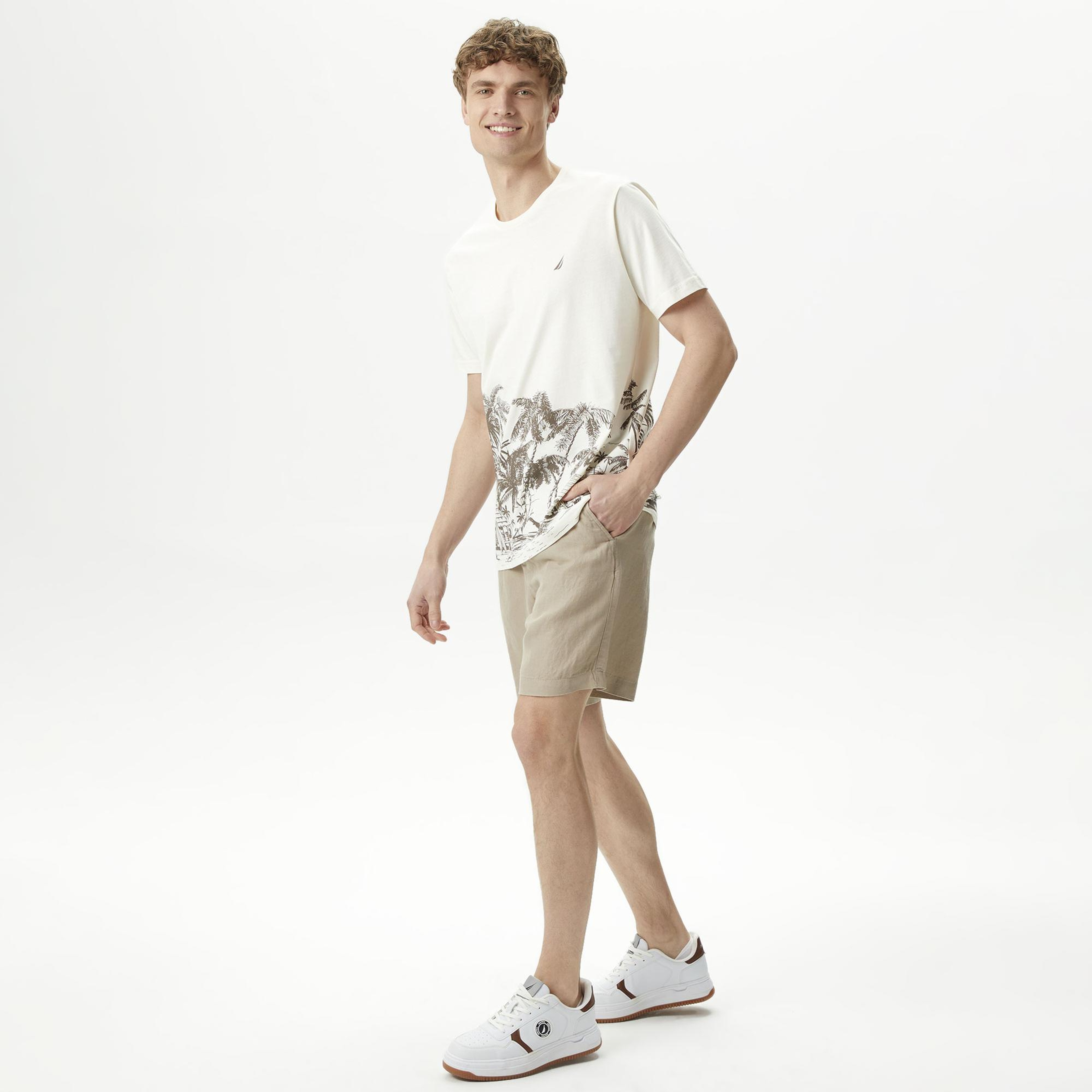 Nautica Erkek Bej Classic Fit Keten Bermuda