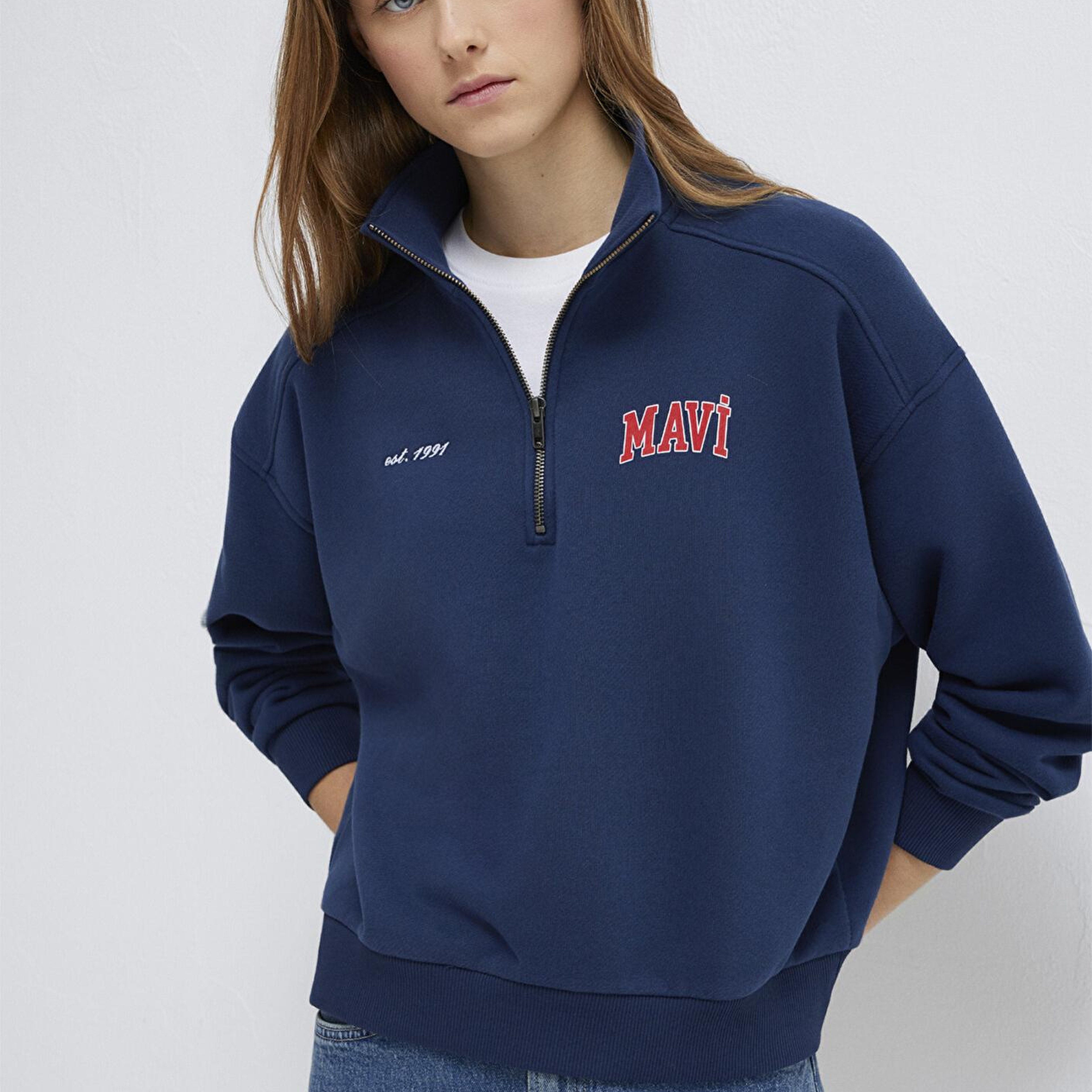Mavi Mavi Logo Baskılı Yarı Fermuarlı Lacivert Sweatshirt 1S10373-70488
