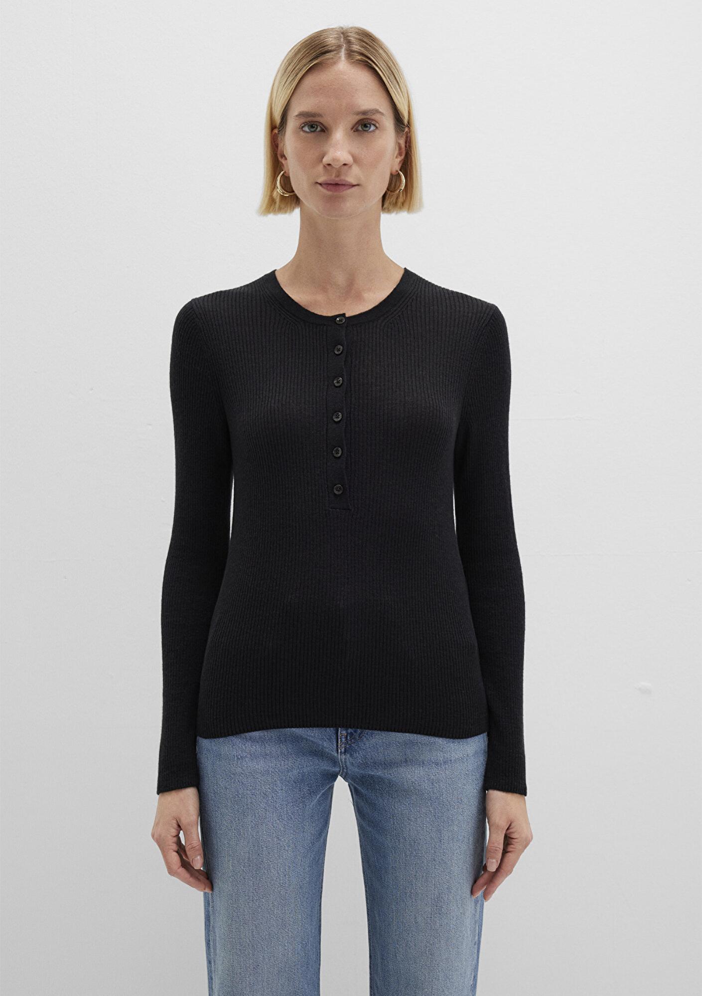 Mavi Yün Karışımlı Düğme Detaylı Antrasit Kazak Fitted / Vücuda Oturan Kesim 1710730-80023