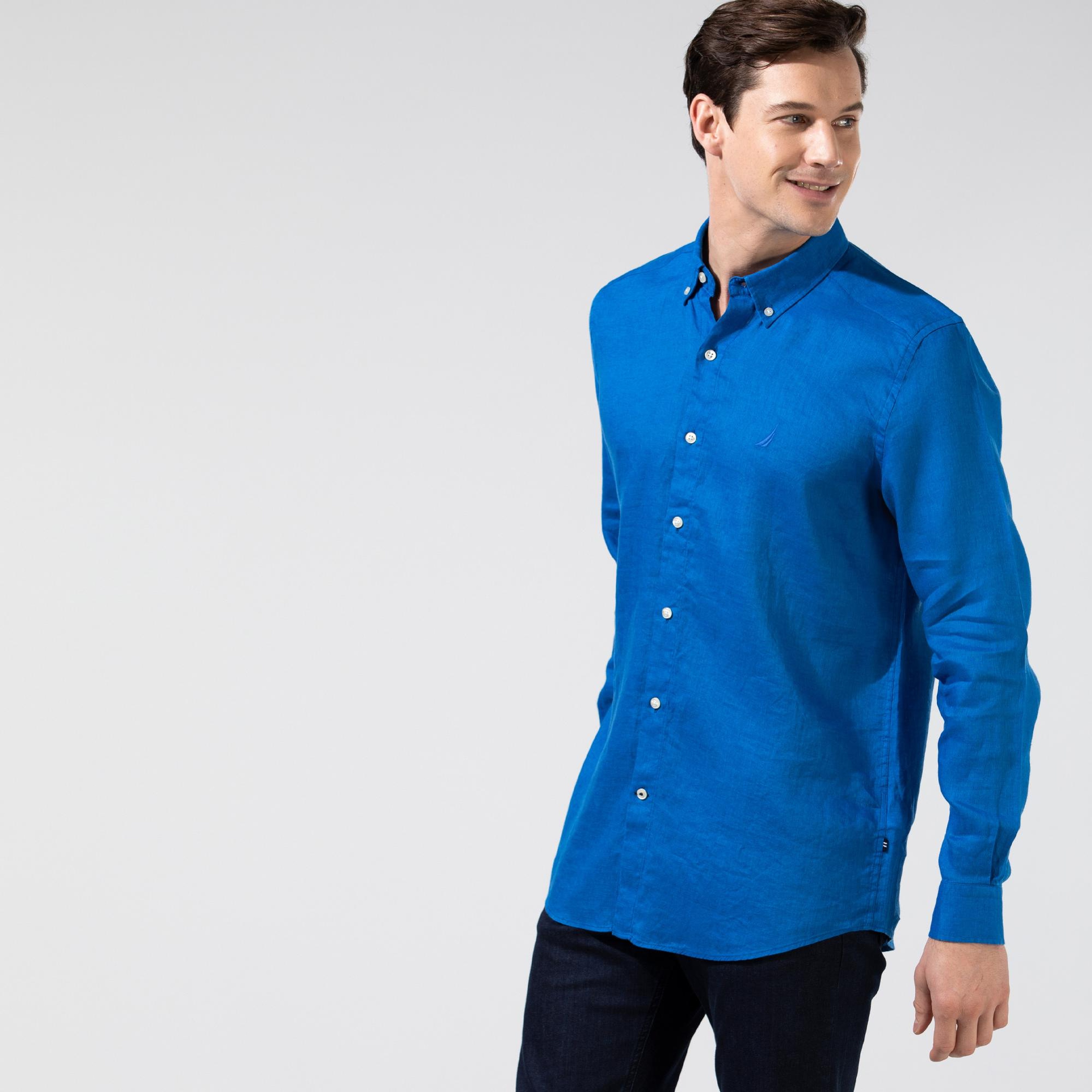 Nautica Erkek Mavi Classic Fit Uzun Kollu Keten Gömlek