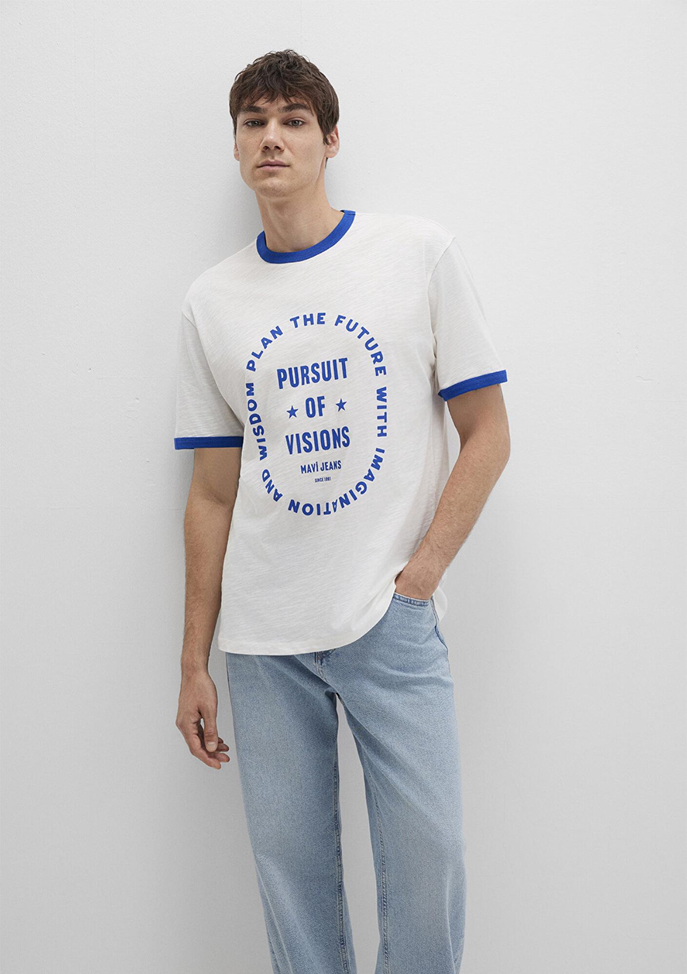 Mavi Biye Detaylı Beyaz Tişört Loose Fit / Bol Rahat Kesim 0612954-70057