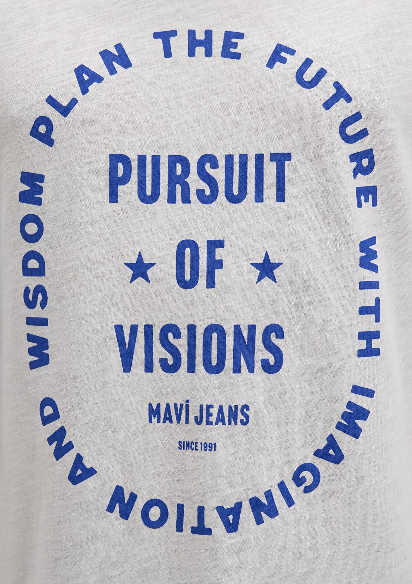 Mavi Biye Detaylı Beyaz Tişört Loose Fit / Bol Rahat Kesim 0612954-70057