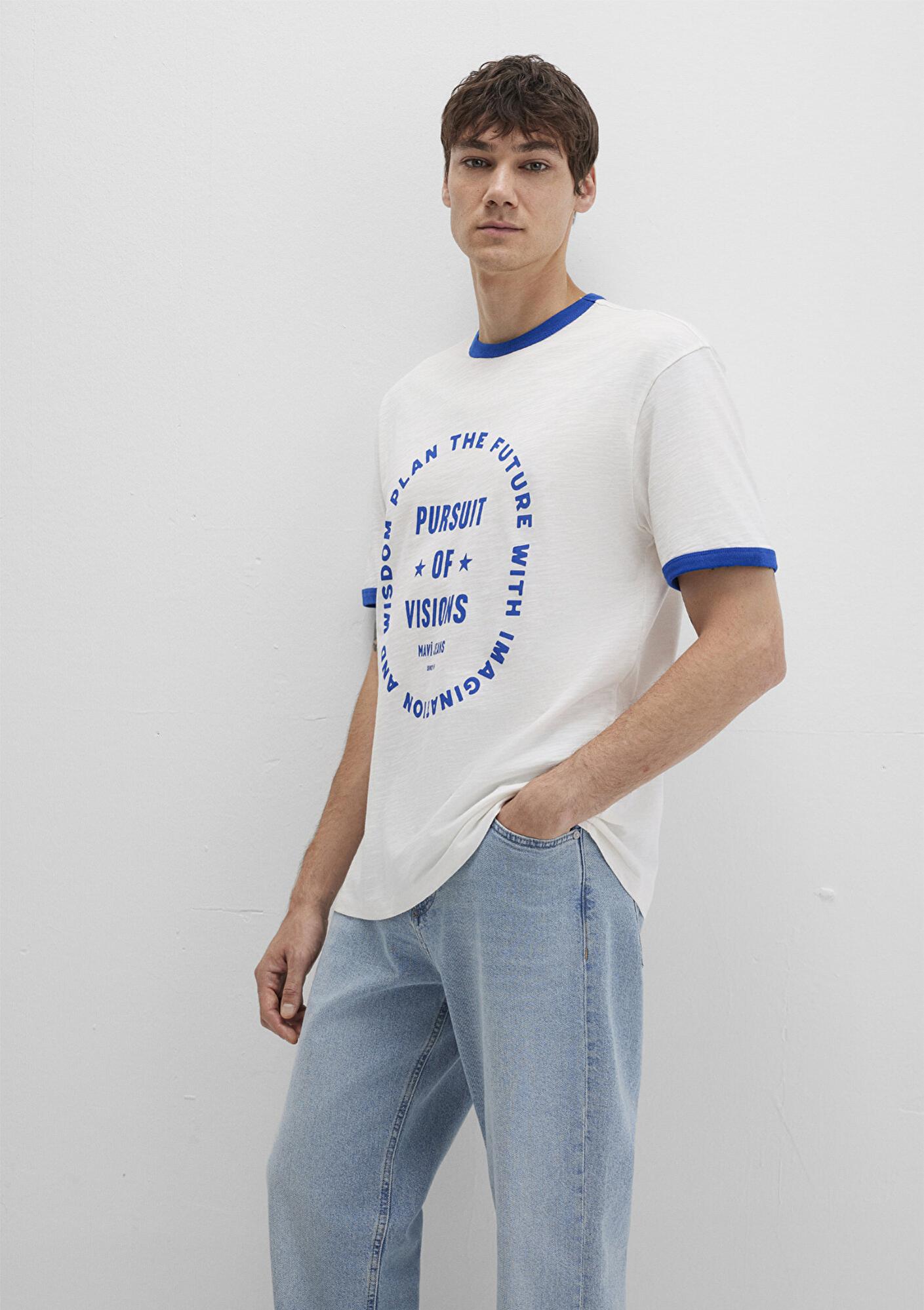 Mavi Biye Detaylı Beyaz Tişört Loose Fit / Bol Rahat Kesim 0612954-70057