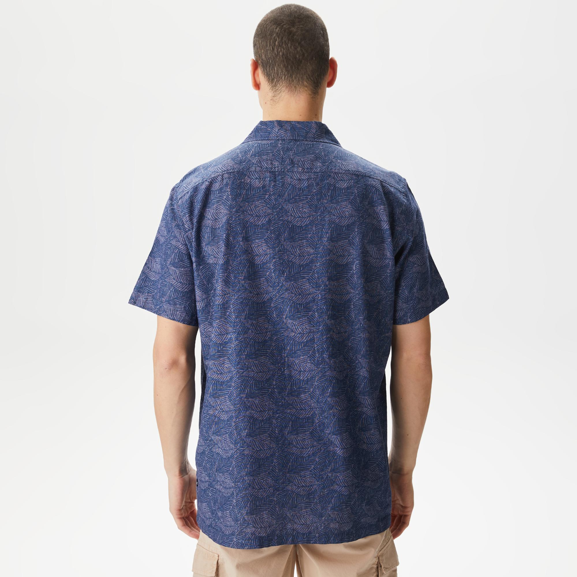 Nautica Erkek Lacivert Classic Fit Kısa Kollu Desenli Keten Gömlek