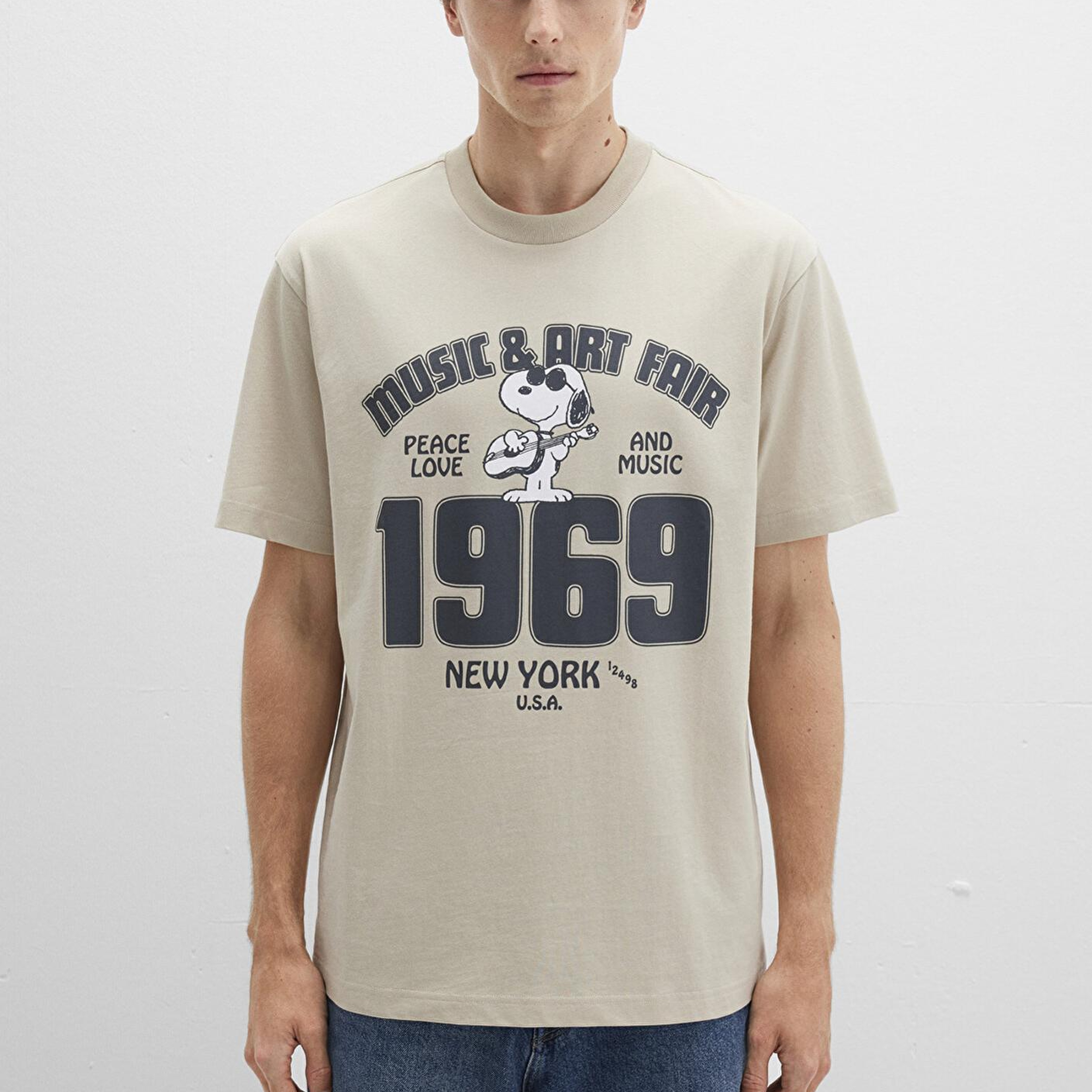 Mavi Snoopy Baskılı Bej Tişört Loose Fit / Bol Rahat Kesim 0612928-70322