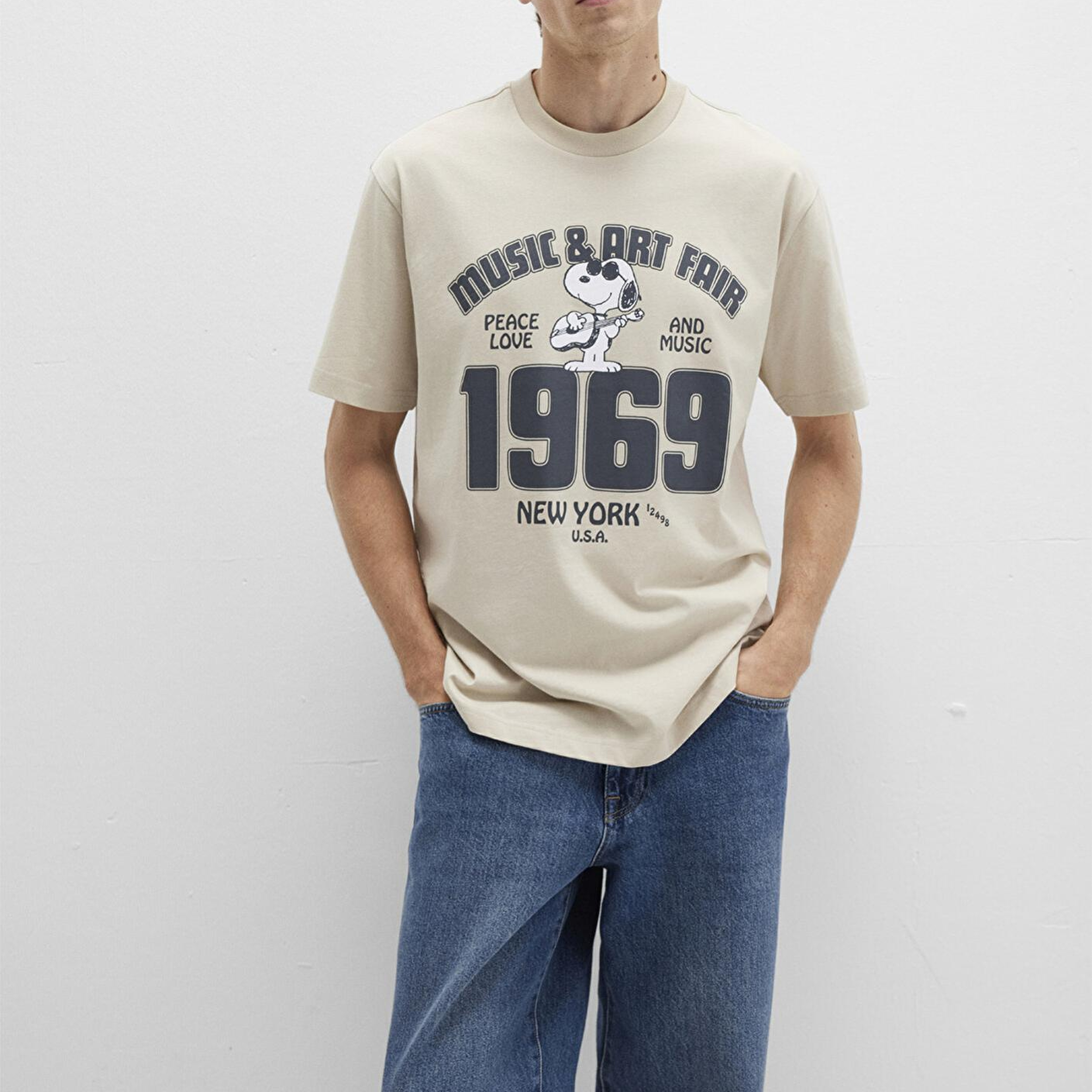 Mavi Snoopy Baskılı Bej Tişört Loose Fit / Bol Rahat Kesim 0612928-70322