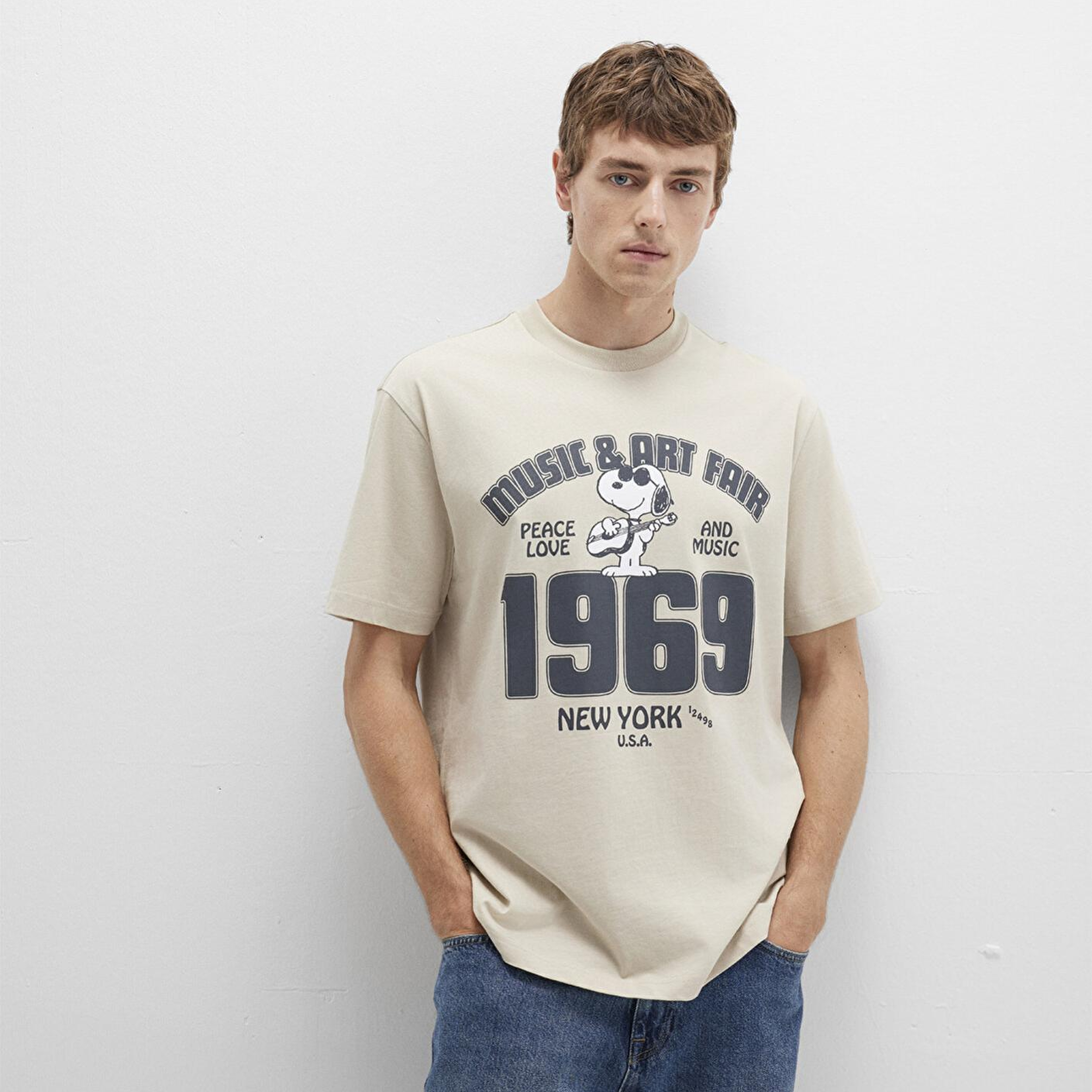 Mavi Snoopy Baskılı Bej Tişört Loose Fit / Bol Rahat Kesim 0612928-70322