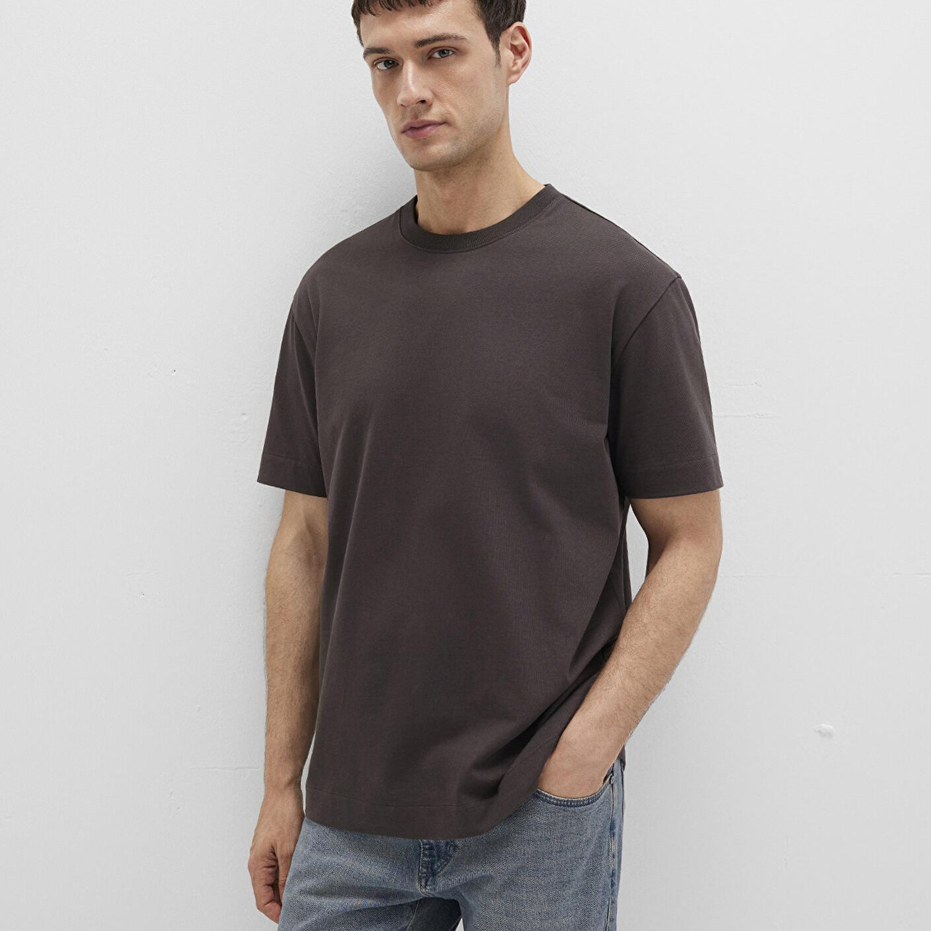 Mavi Bisiklet Yaka Kahverengi Basic Tişört Loose Fit / Bol Rahat Kesim 0612864-70219