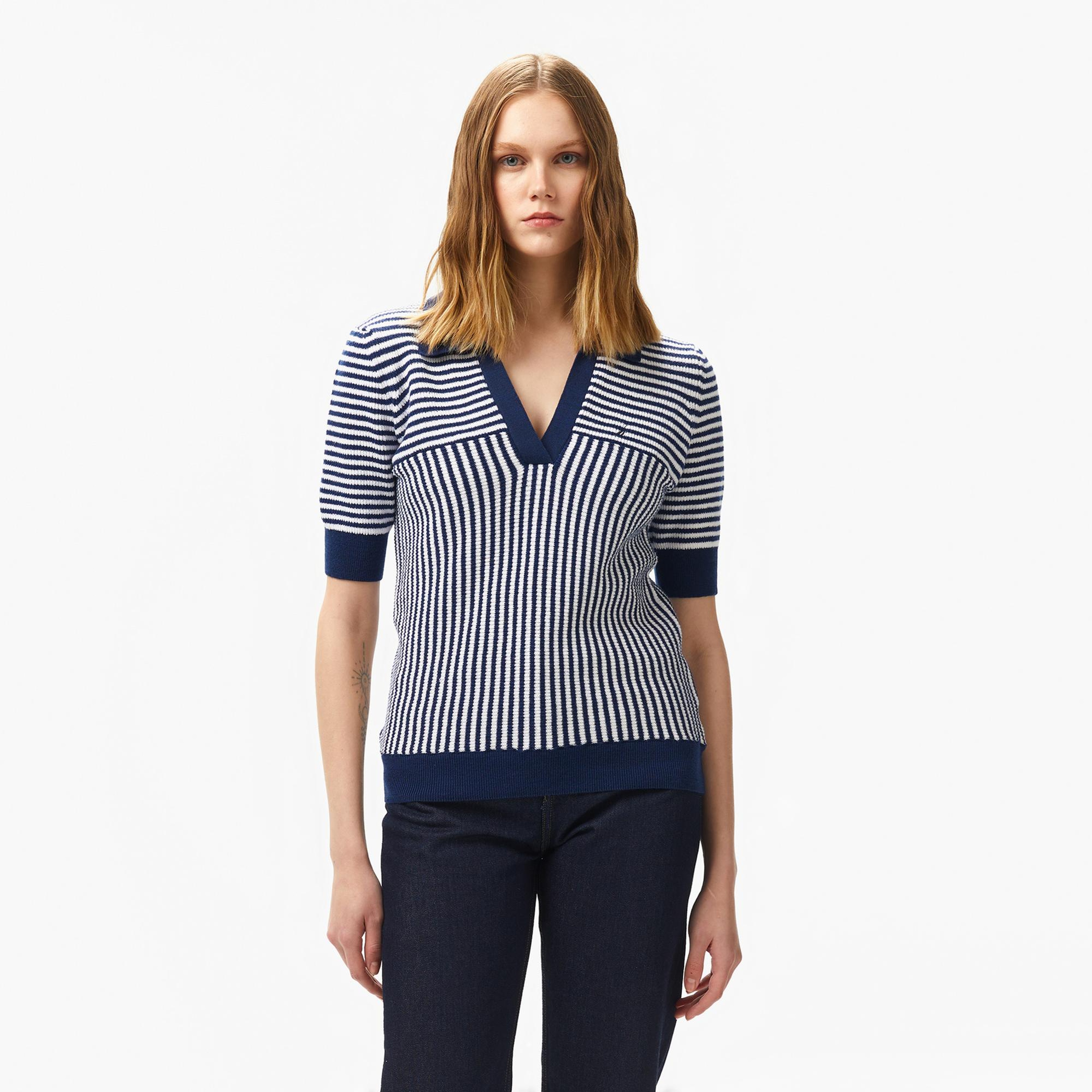Nautica Kadın Lacivert Regular Fit Çizgili Triko