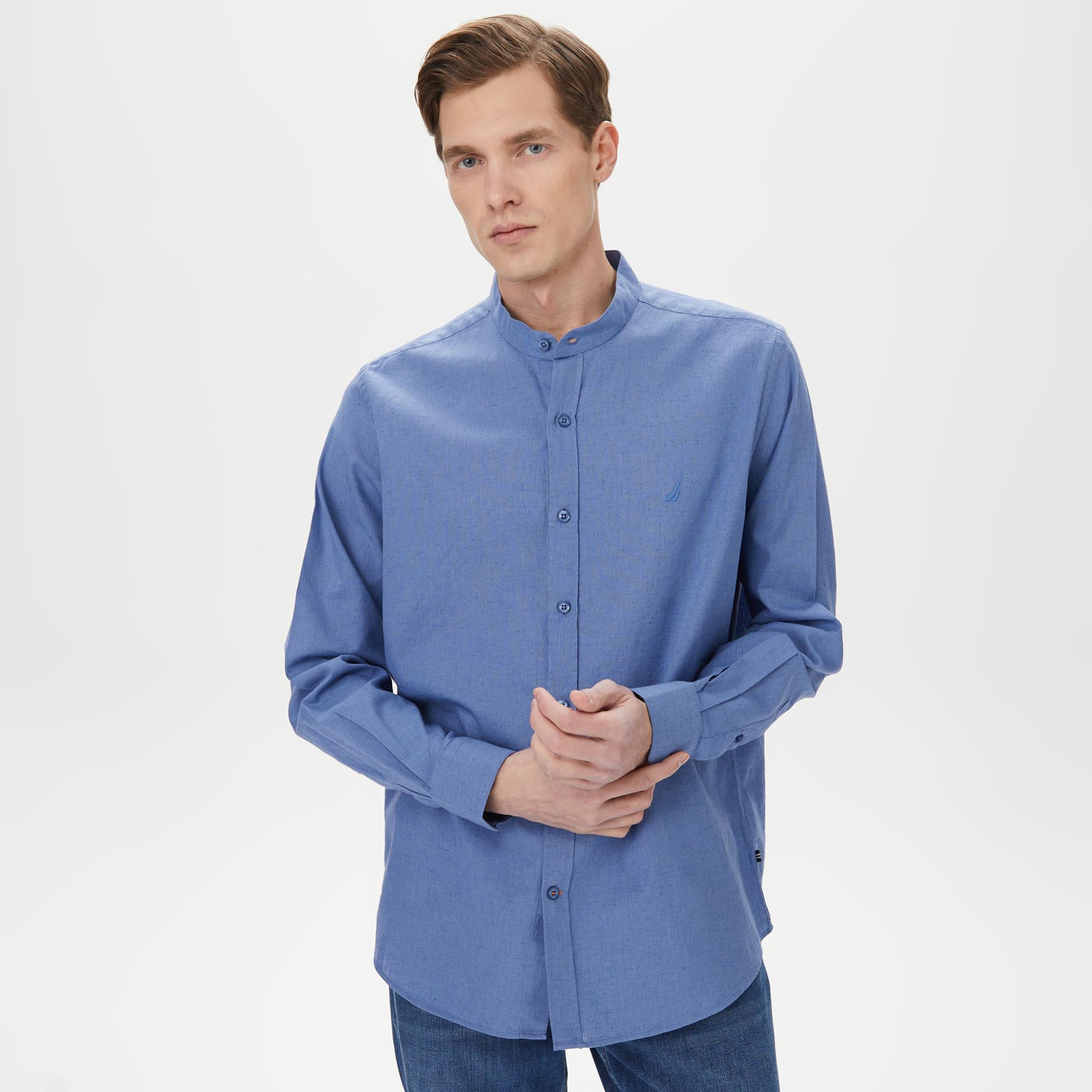 Nautica Erkek Mavi Classic Fit Keten Gömlek