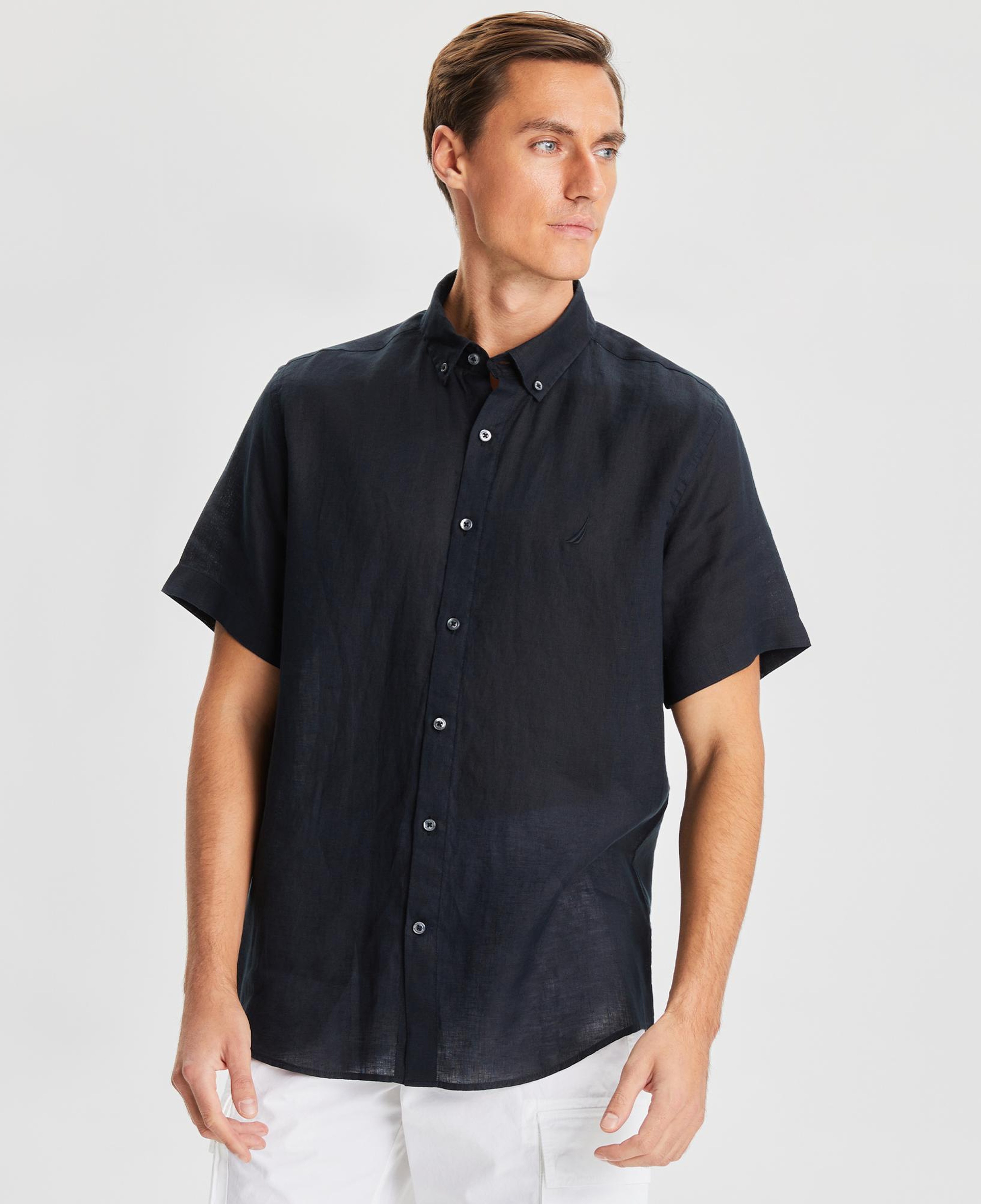 Nautica Erkek Siyah Classic Fit Kısa Kollu Keten Gömlek