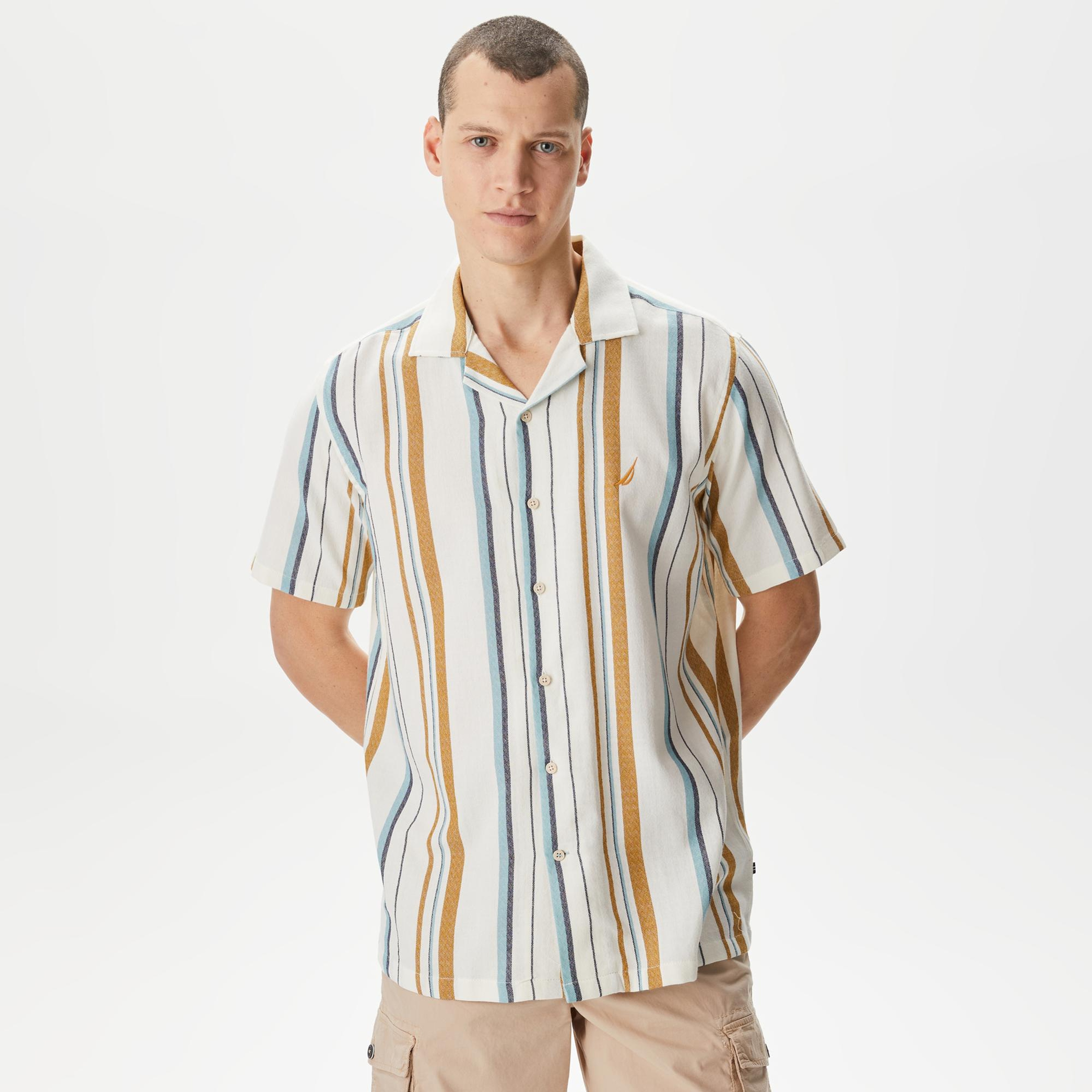 Nautica Erkek Kırık Beyaz Classic Fit Kısa Kollu Çizgili Gömlek