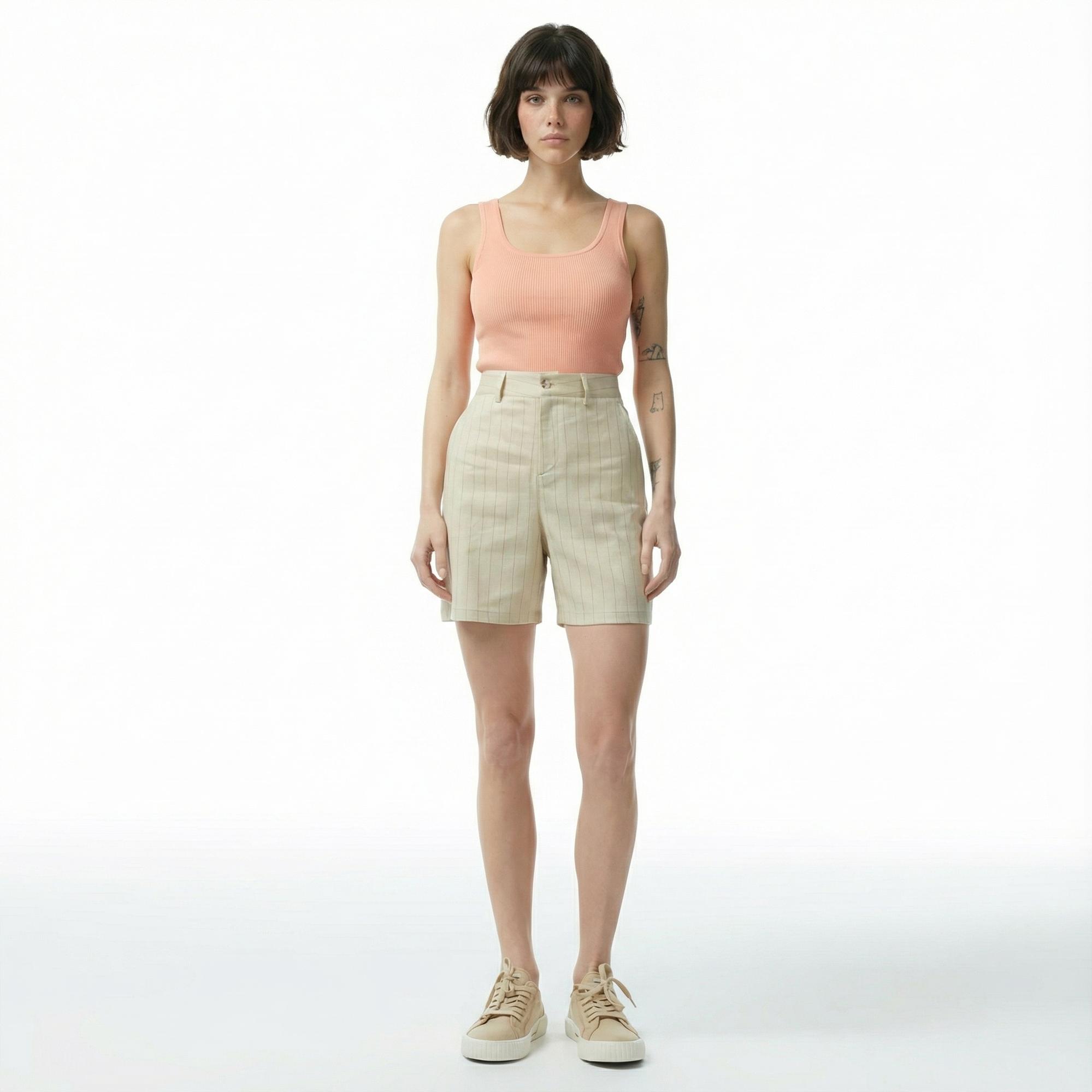 Nautica Kadın Bej Relaxed Fit Çizgili Şort