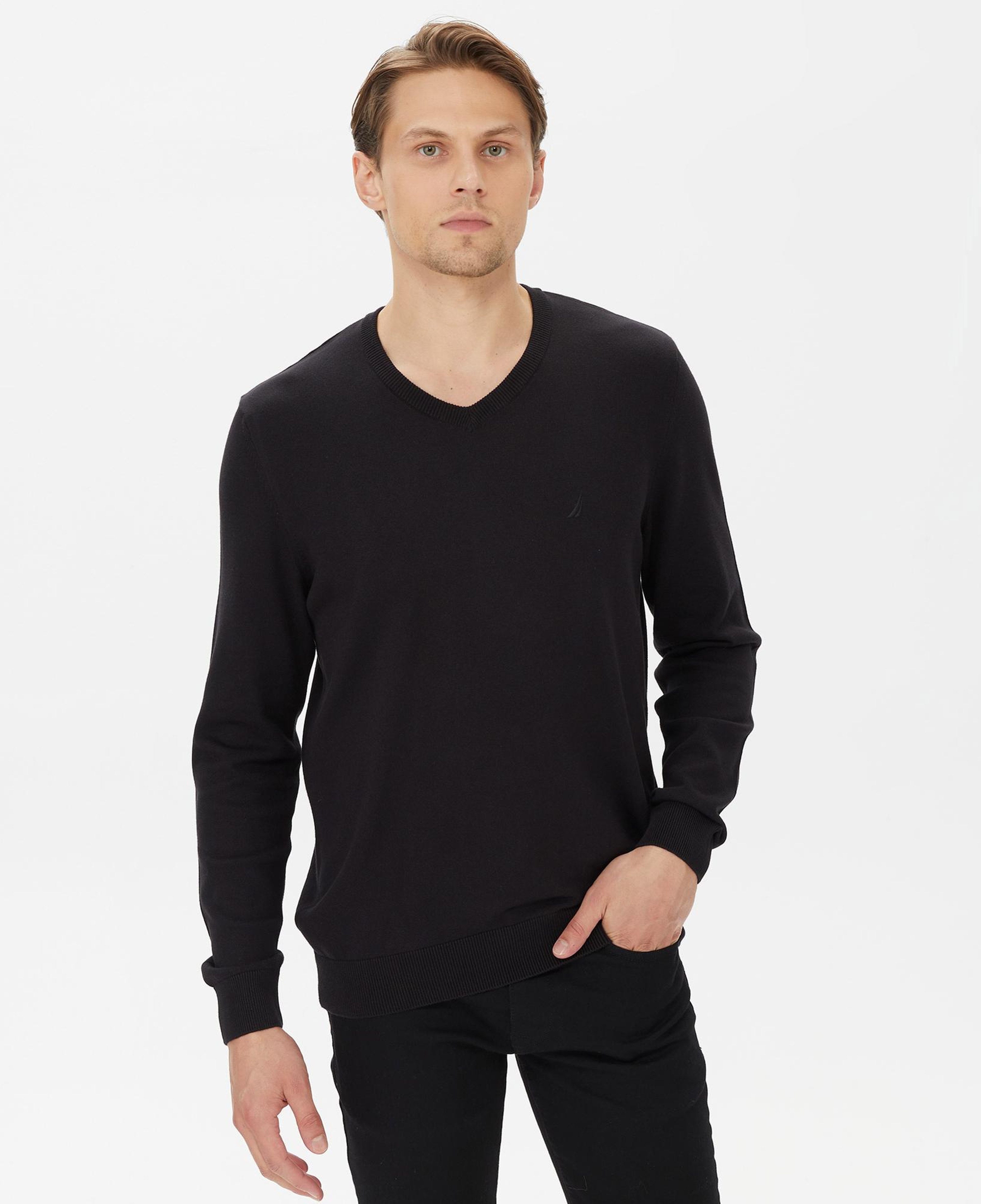 Nautica Erkek Siyah Standart Fit V Yaka Kazak