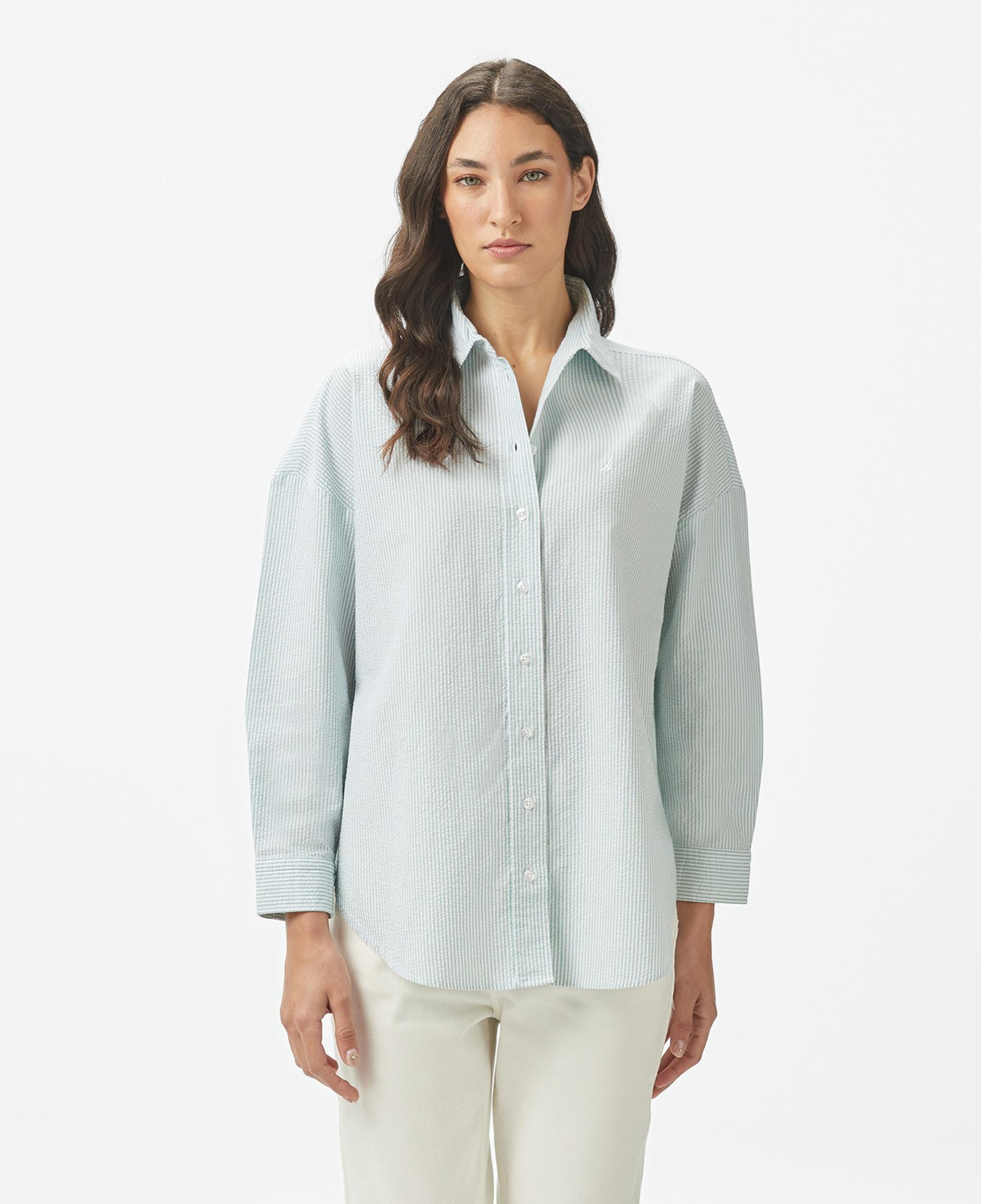 Nautica Kadın Yeşil Regular Fit Çizgili Gömlek