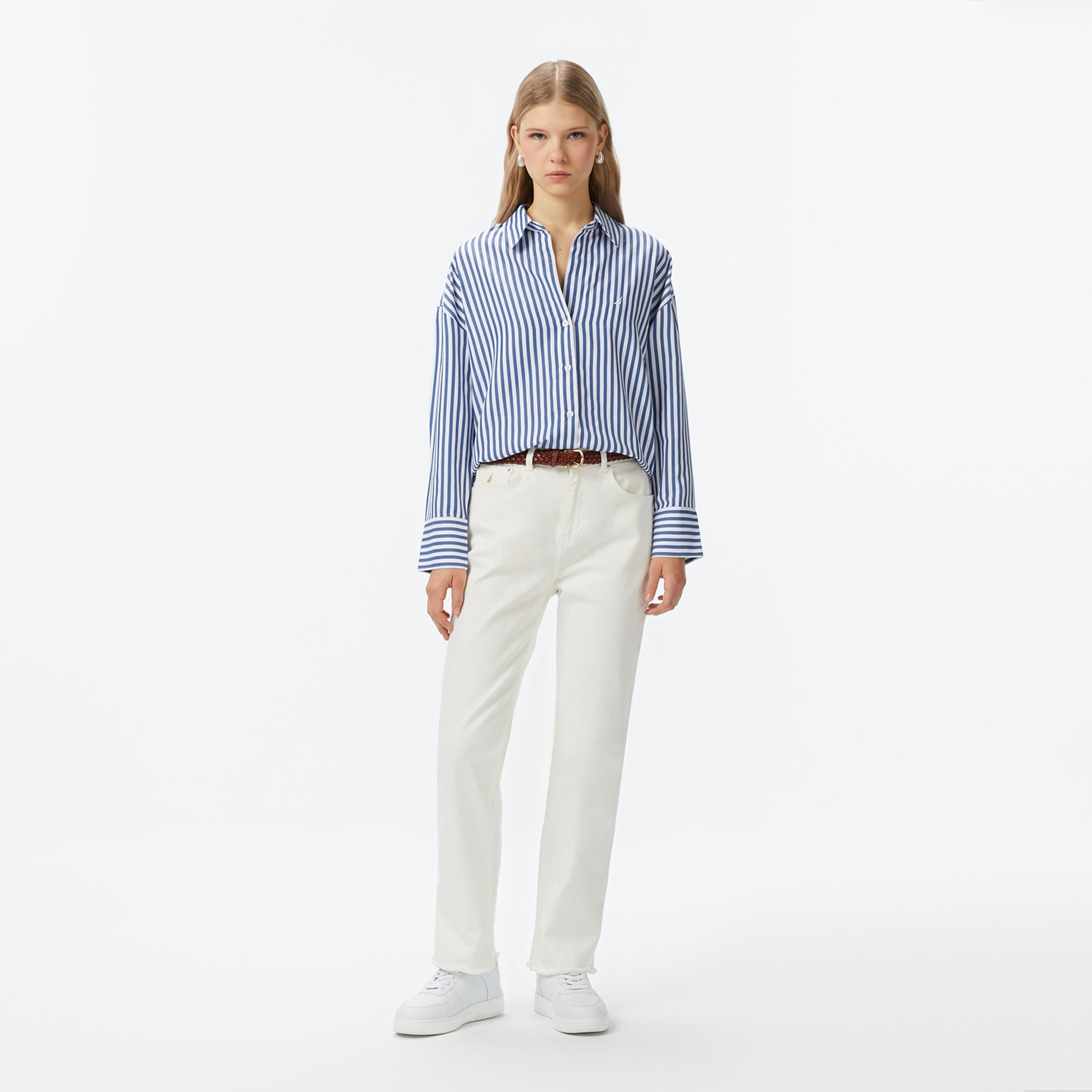 Nautica Kadın Mavi Oversize Çizgili Gömlek