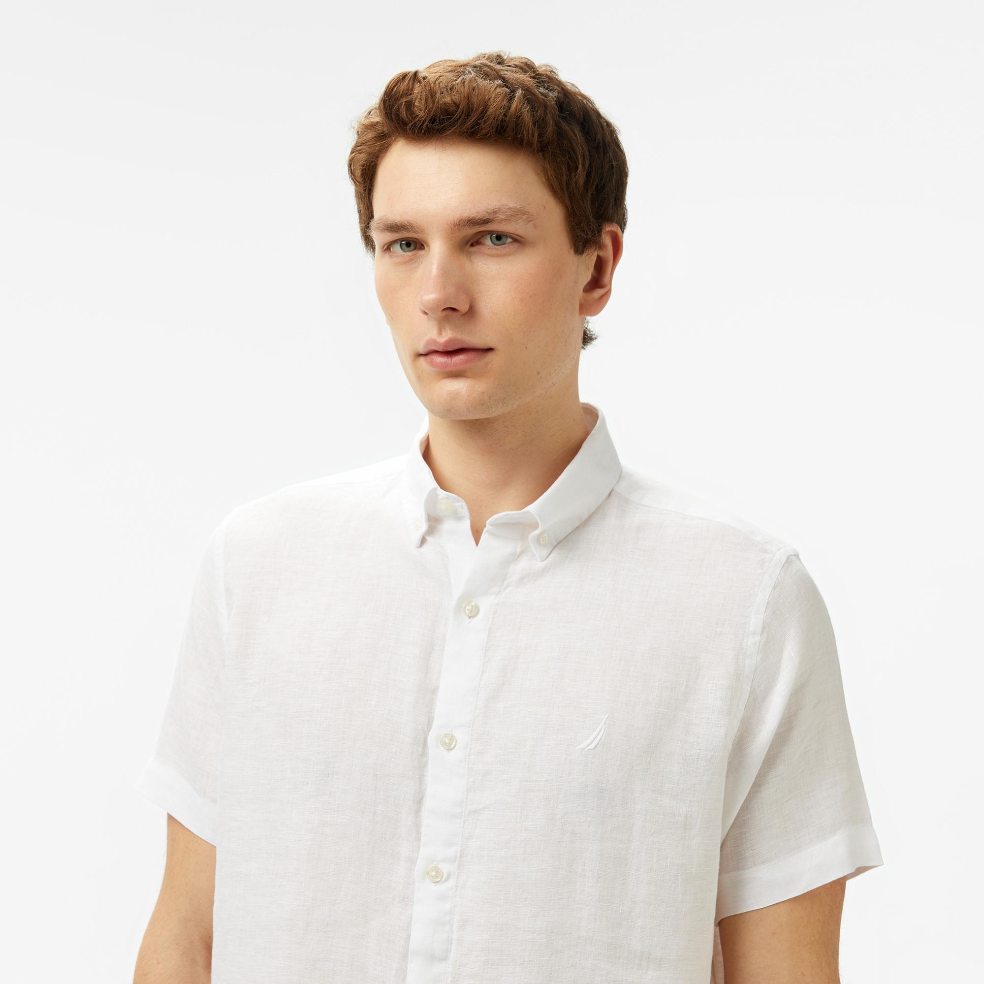 Nautica Erkek Beyaz Classic Fit Keten Gömlek