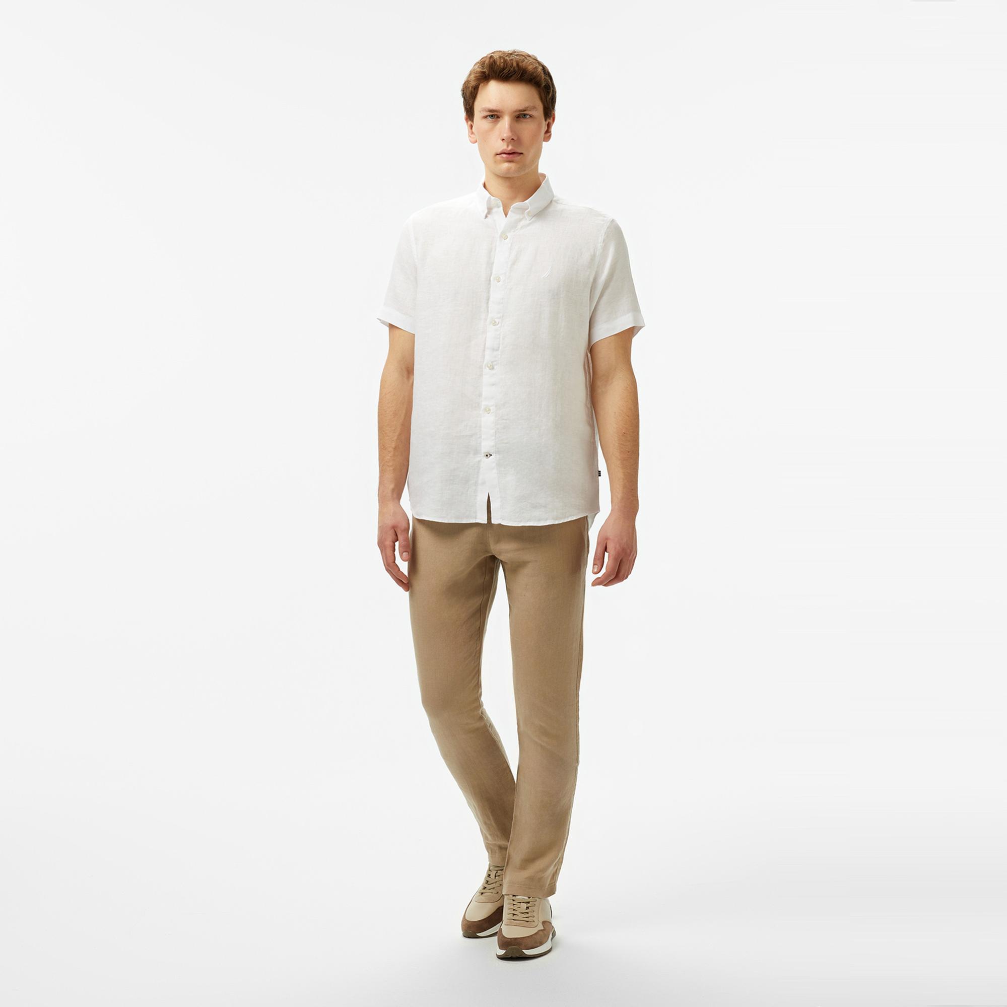 Nautica Erkek Beyaz Classic Fit Keten Gömlek