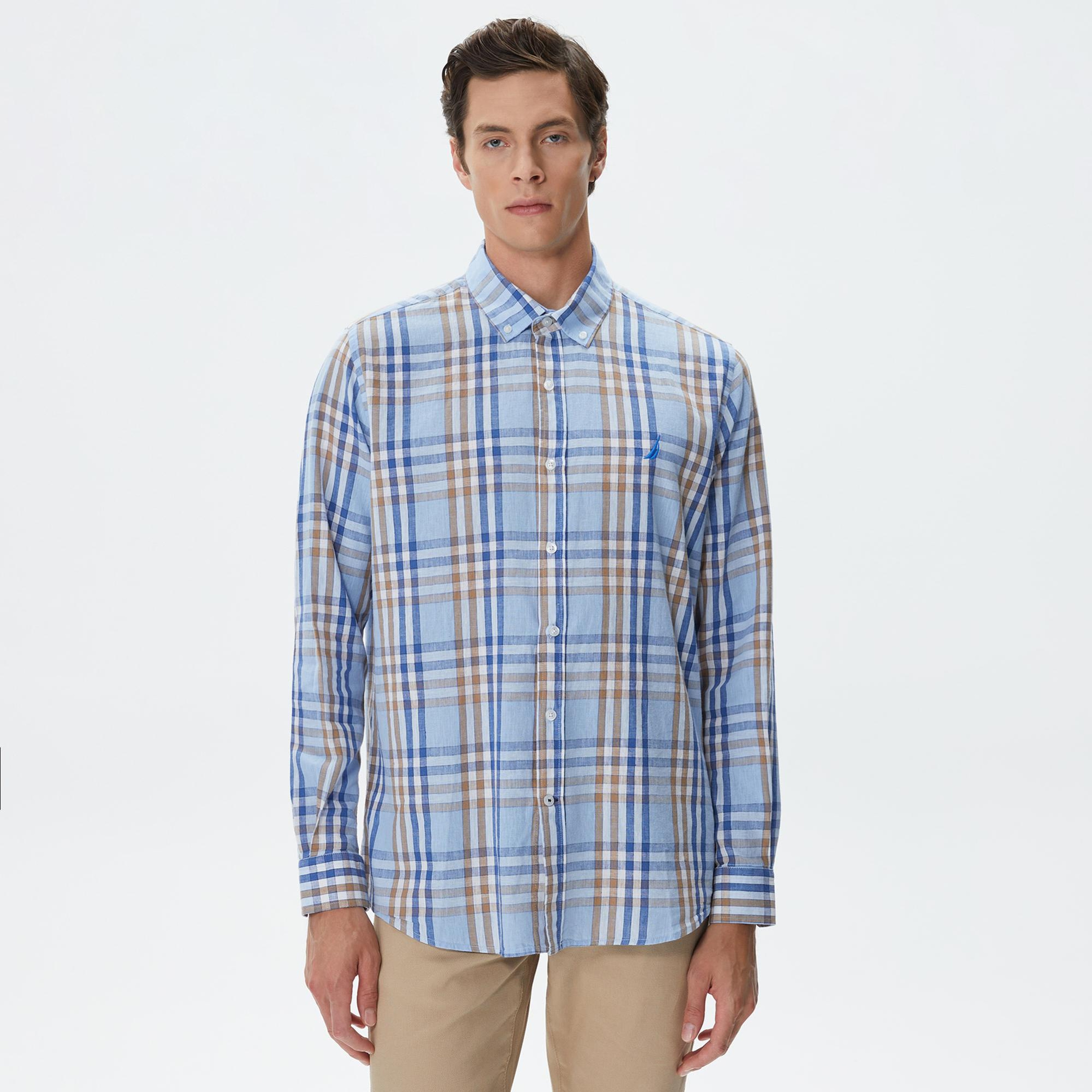 Nautica Erkek Mavi Classic Fit Uzun Kollu Ekoseli Gömlek