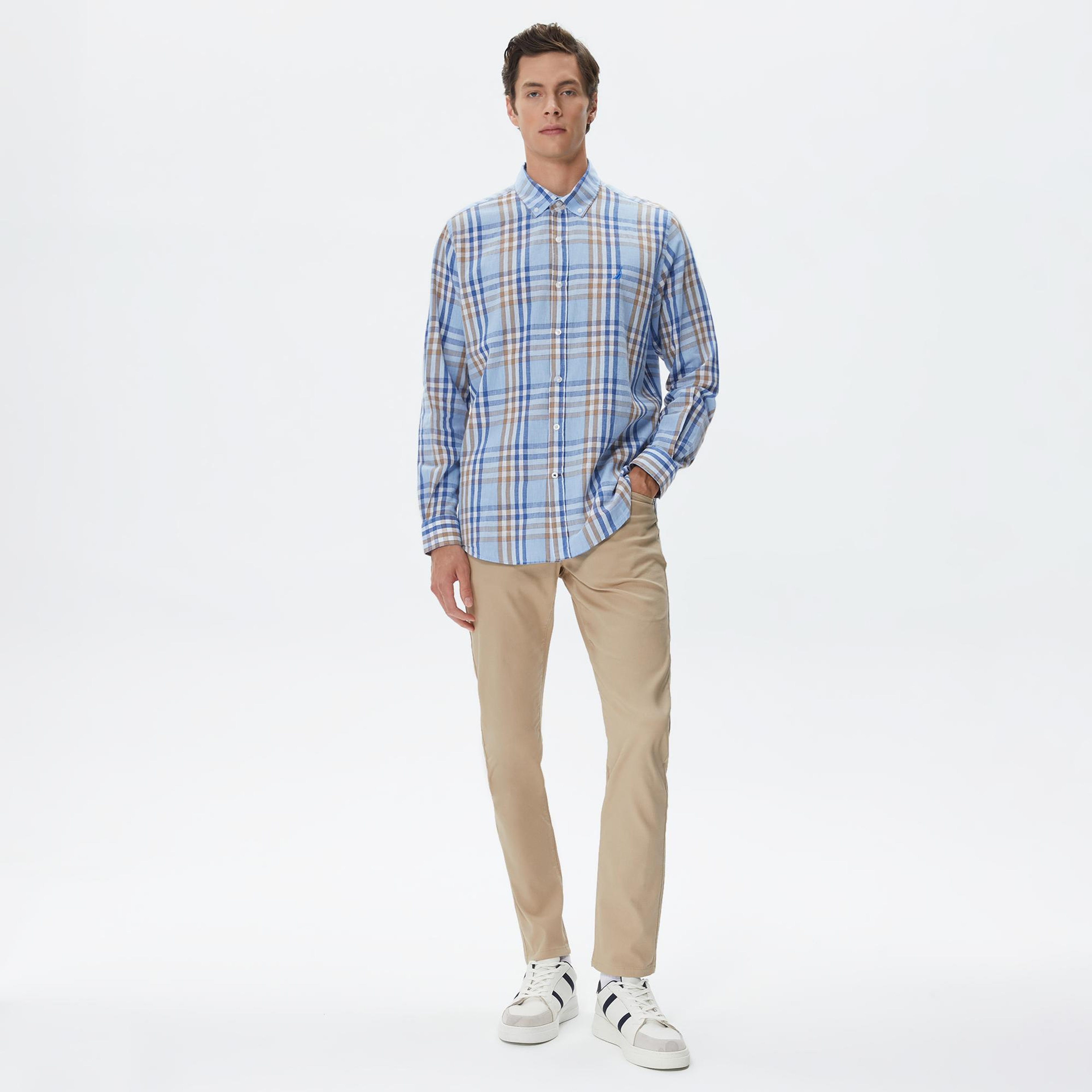 Nautica Erkek Mavi Classic Fit Uzun Kollu Ekoseli Gömlek