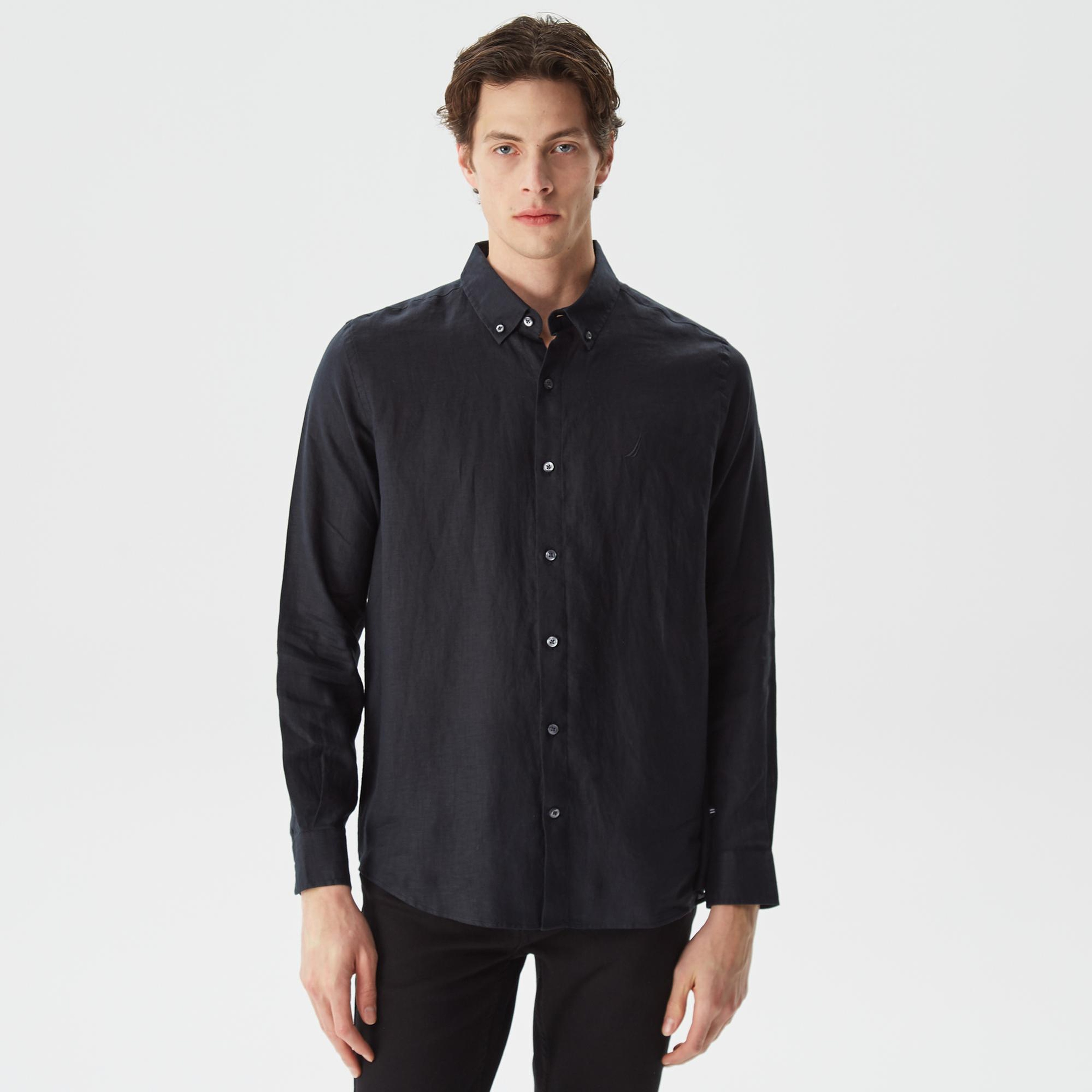 Nautica Erkek Siyah Classic Fit Uzun Kollu Keten Gömlek