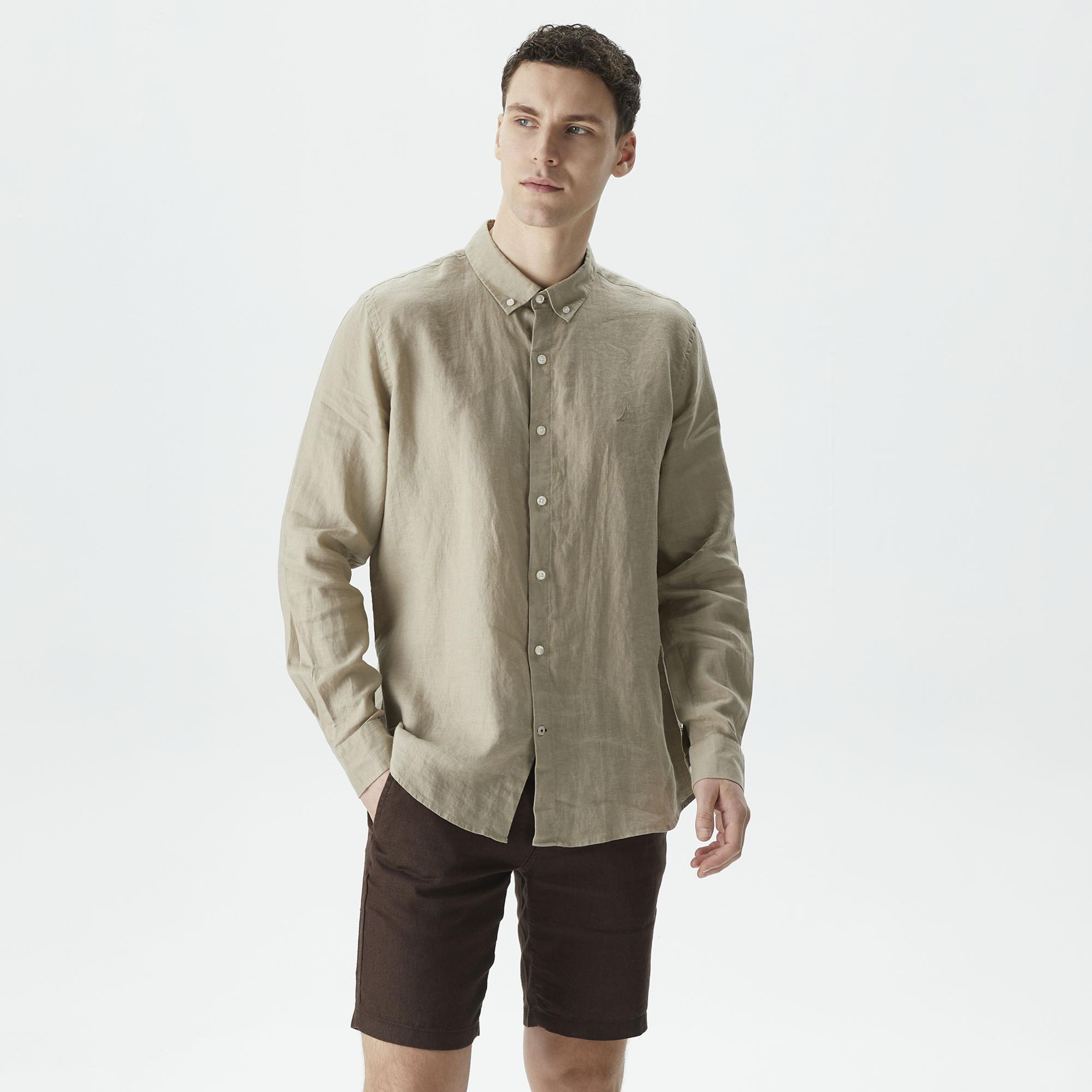 Nautica Erkek Bej Classic Fit Uzun Kollu Keten Gömlek