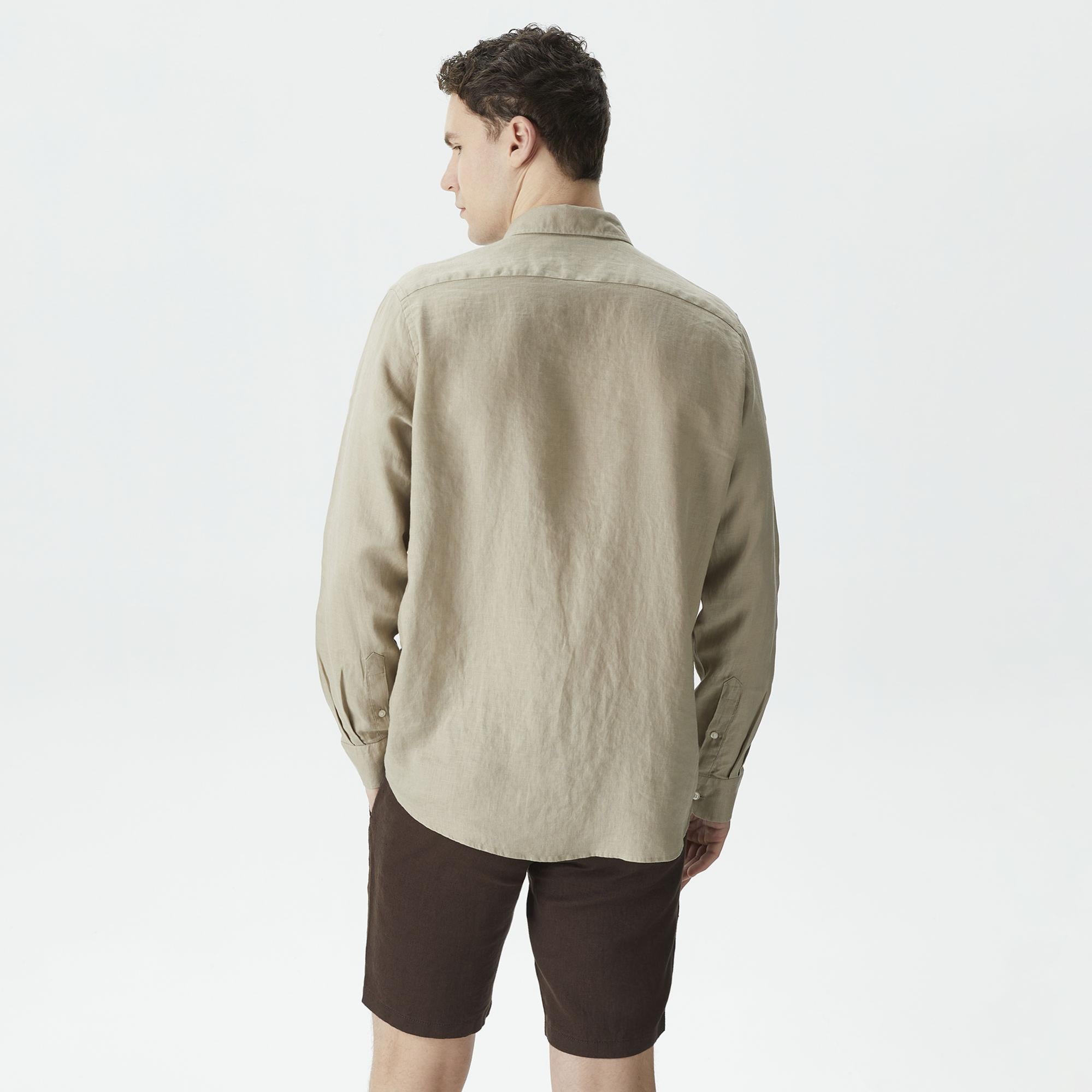 Nautica Erkek Bej Classic Fit Uzun Kollu Keten Gömlek