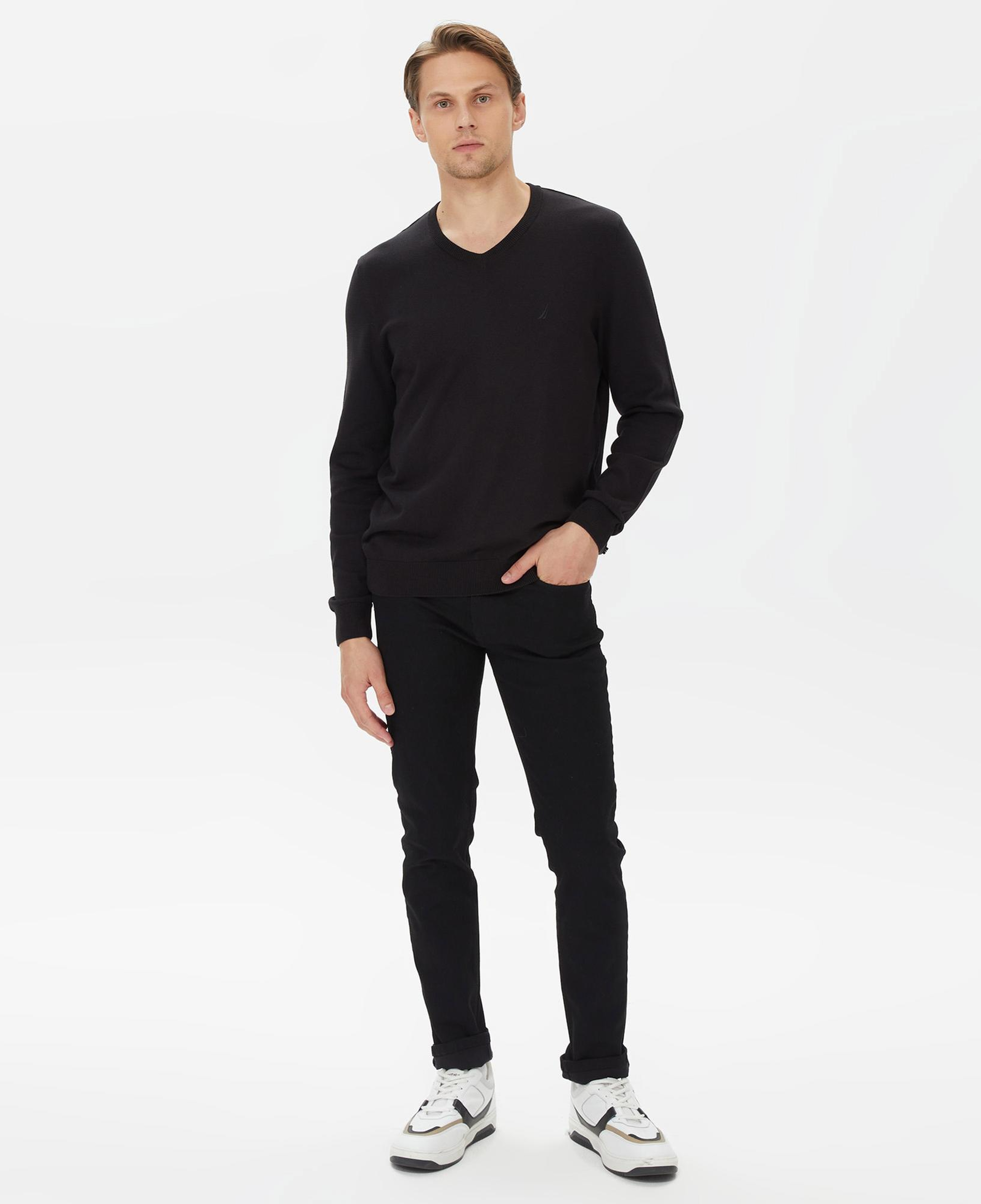Nautica Erkek Siyah Standart Fit V Yaka Kazak