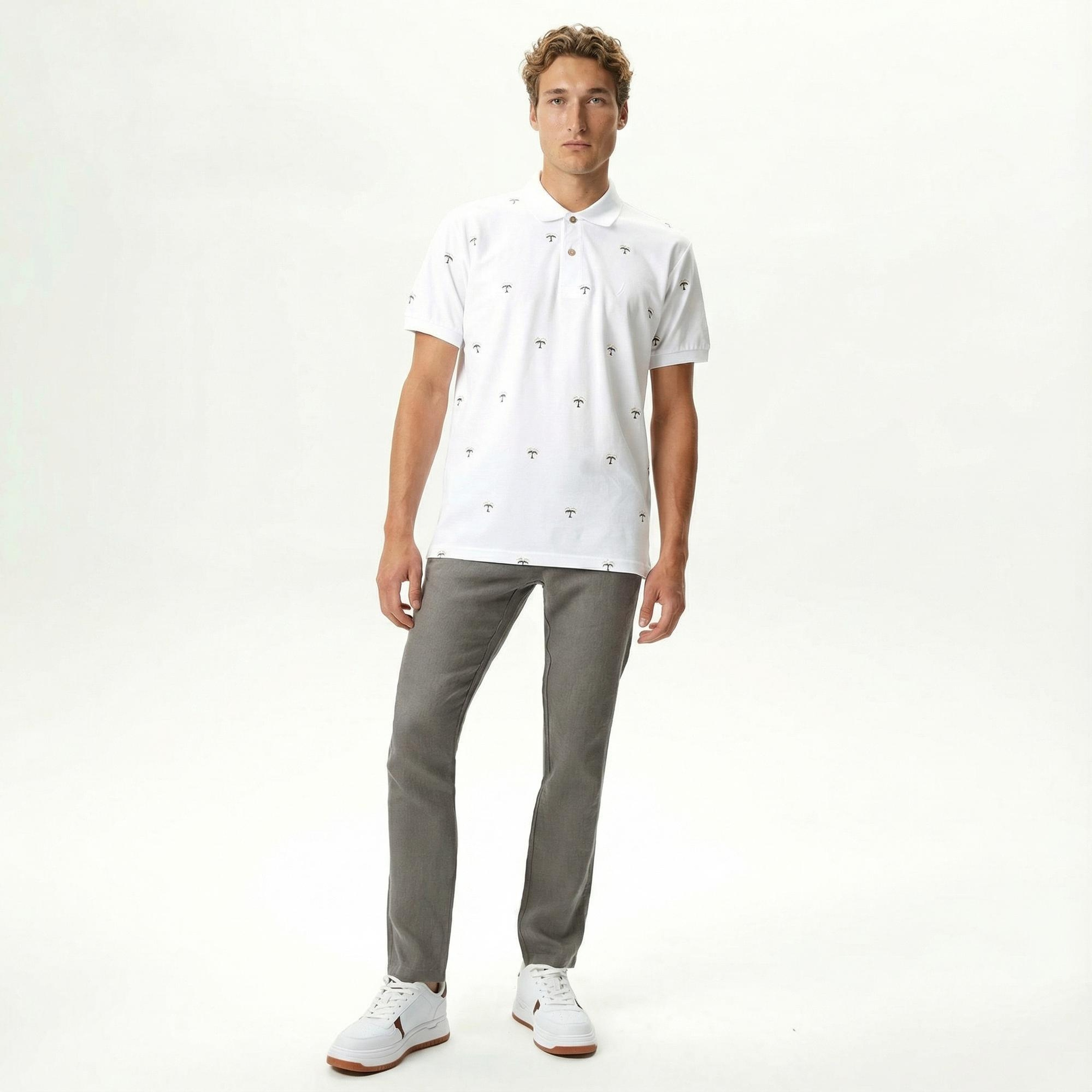 Nautica Erkek Beyaz Classic Fit Kısa Kollu Desenli Polo Yaka T-Shirt