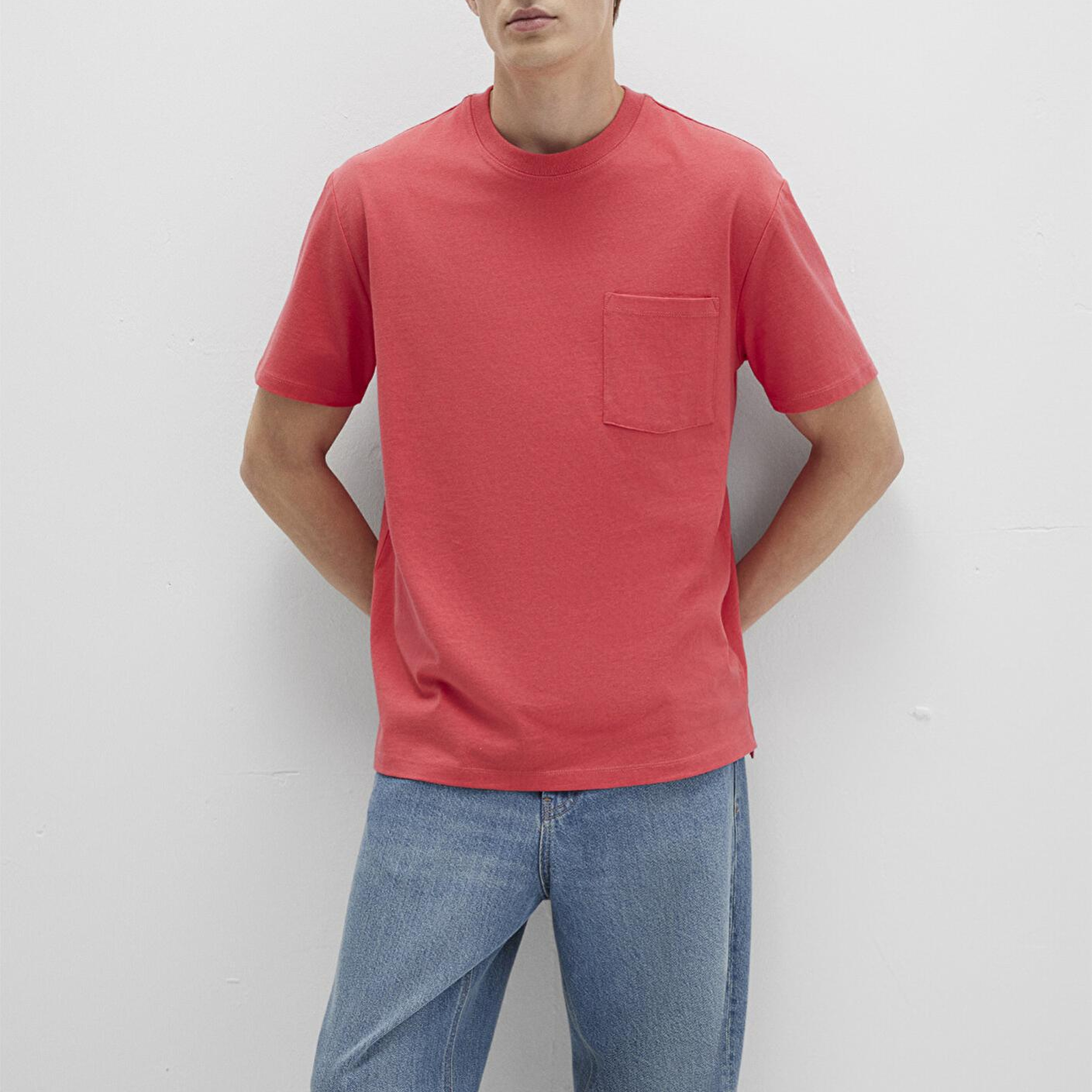 Mavi Cep Detaylı Pembe Basic Tişört Loose Fit / Bol Rahat Kesim 066248-71079