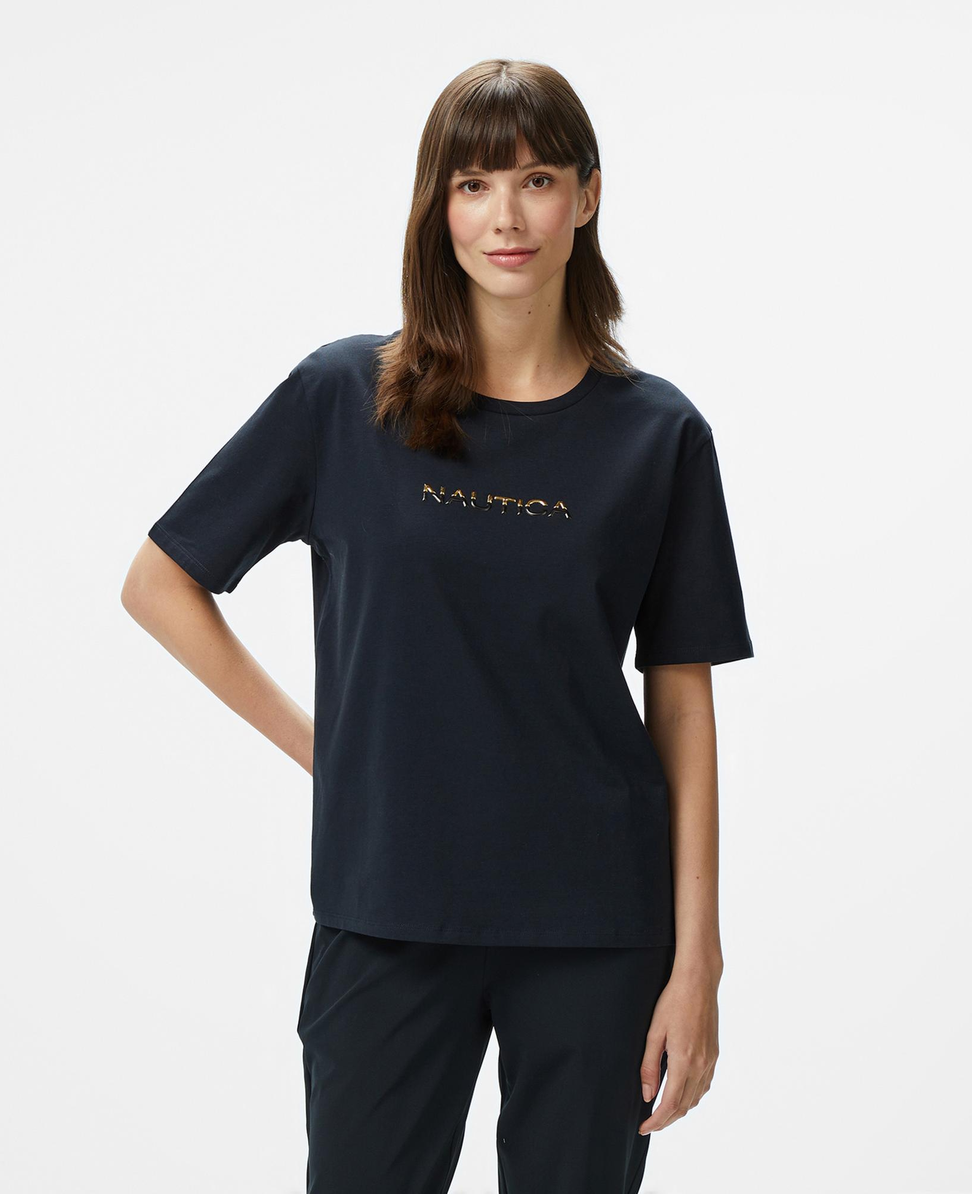 Nautica Kadın Siyah Regular Fit Baskılı T-Shirt