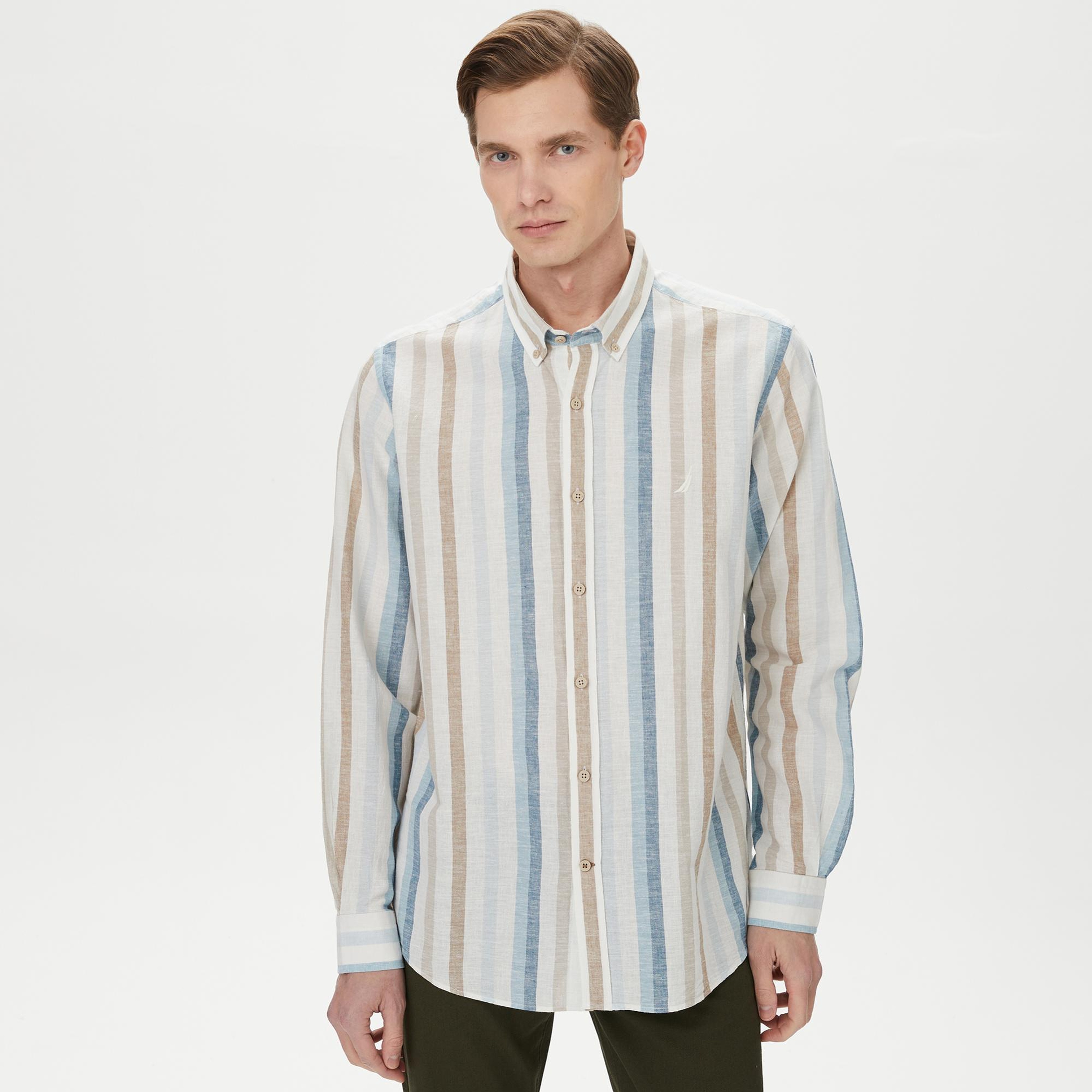 Nautica Erkek Mavi Classic Fit Uzun Kollu Çizgili Gömlek