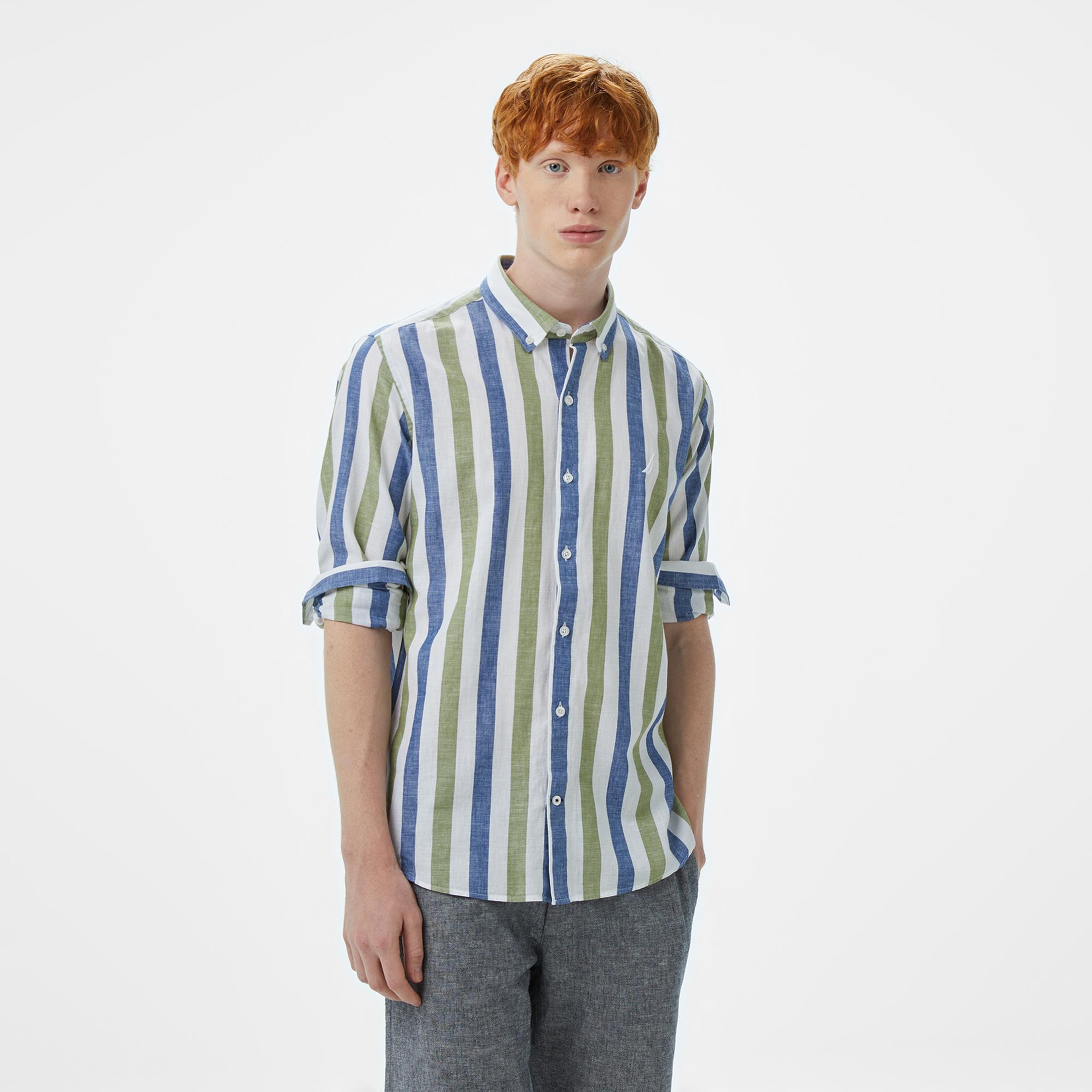 Nautica Erkek Yeşil Classic Fit Çizgili Gömlek